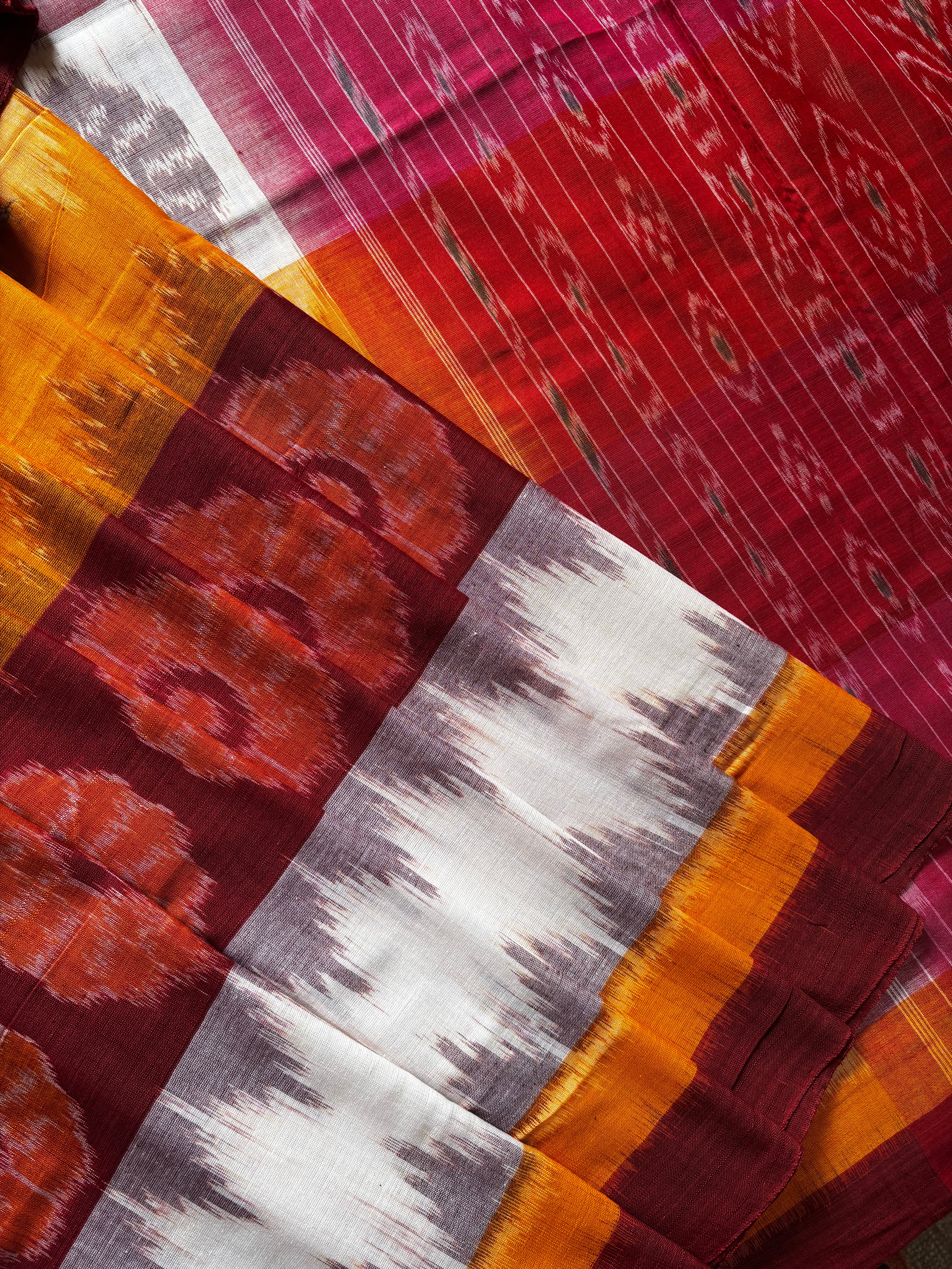 Handwoven White Yellow Red Odisha Cotton Ikkat Saree
