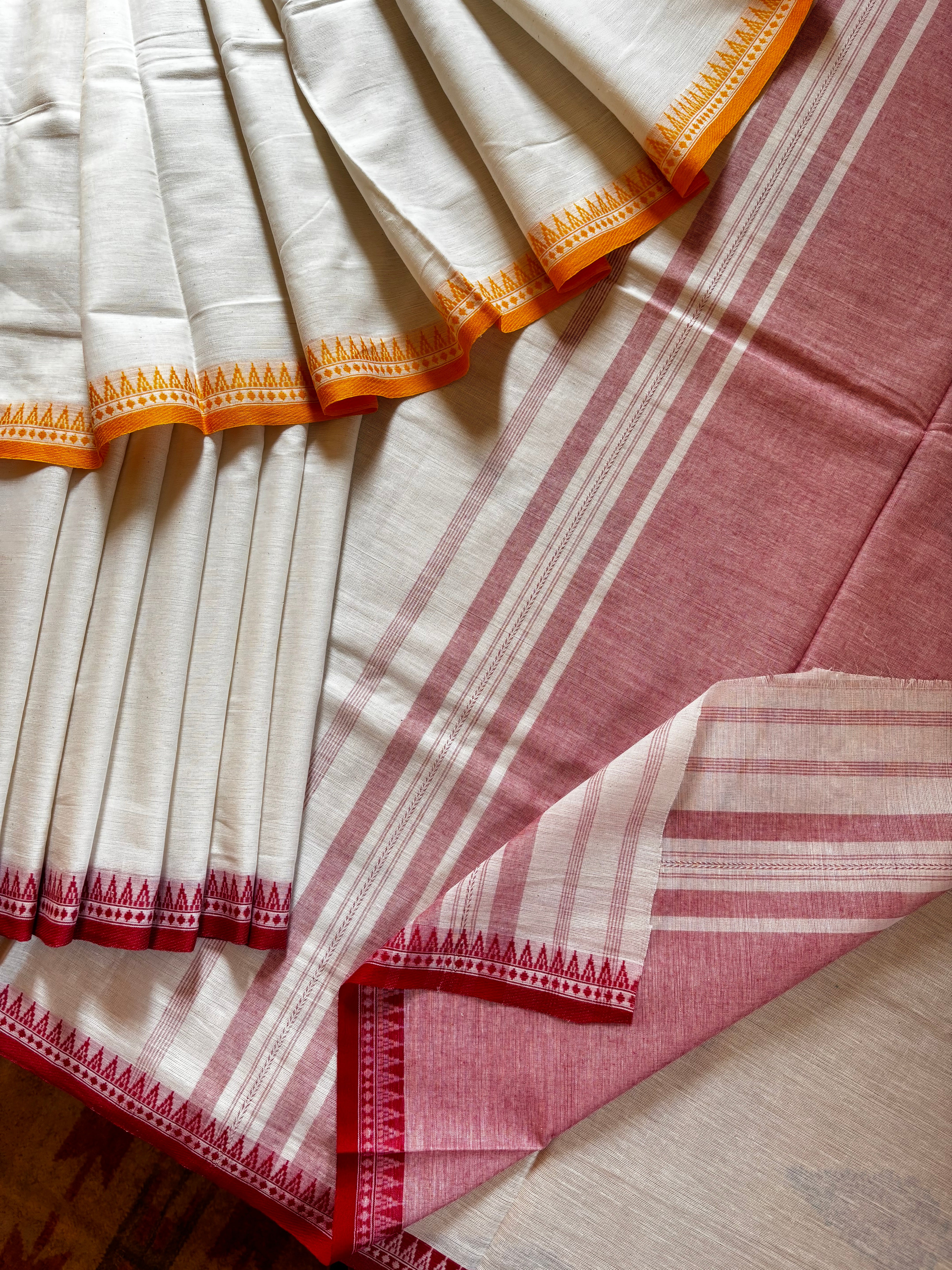 Handwoven White Red Yellow Dhonekhali Cotton Saree