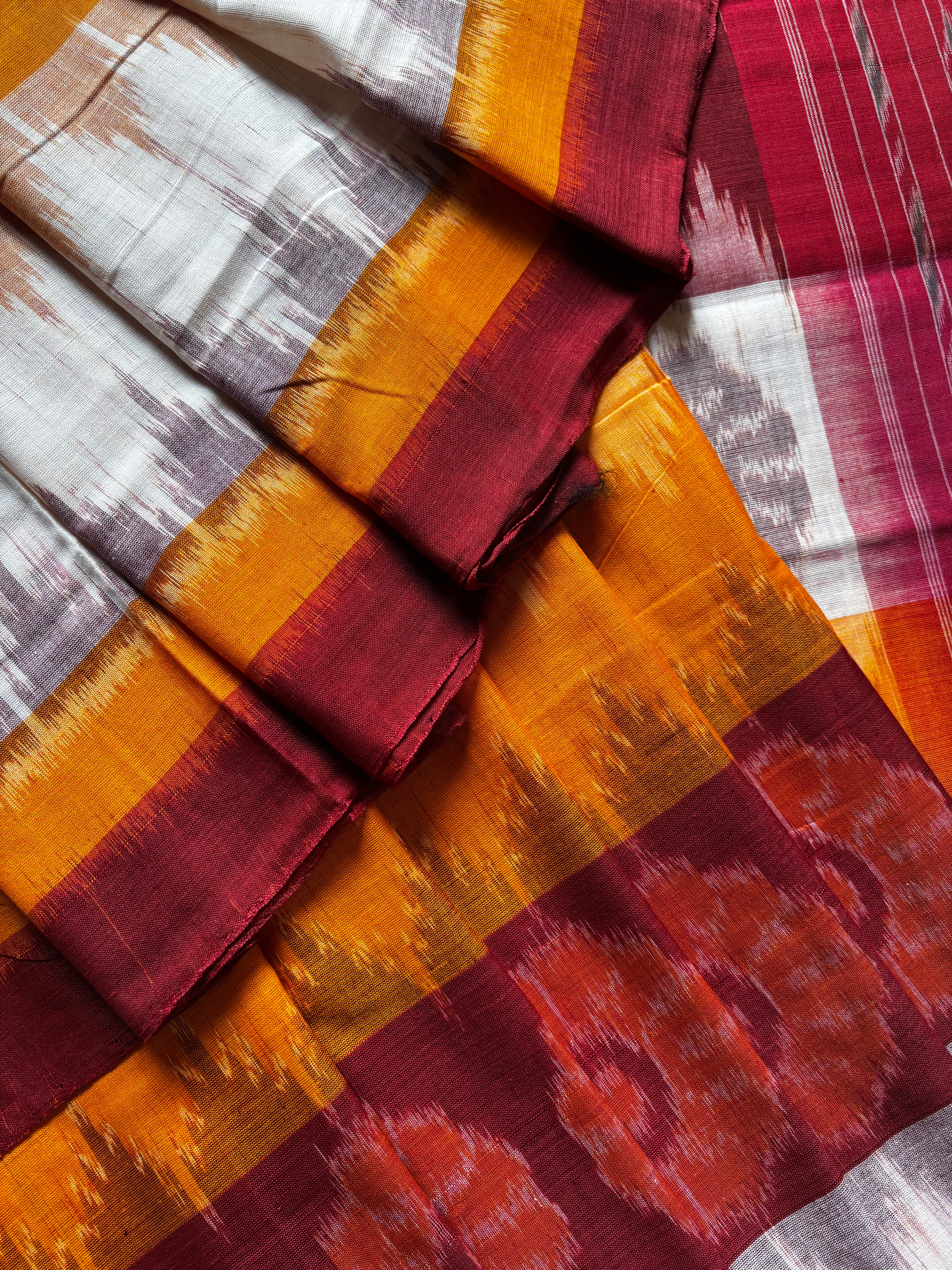 Handwoven White Yellow Red Odisha Cotton Ikkat Saree