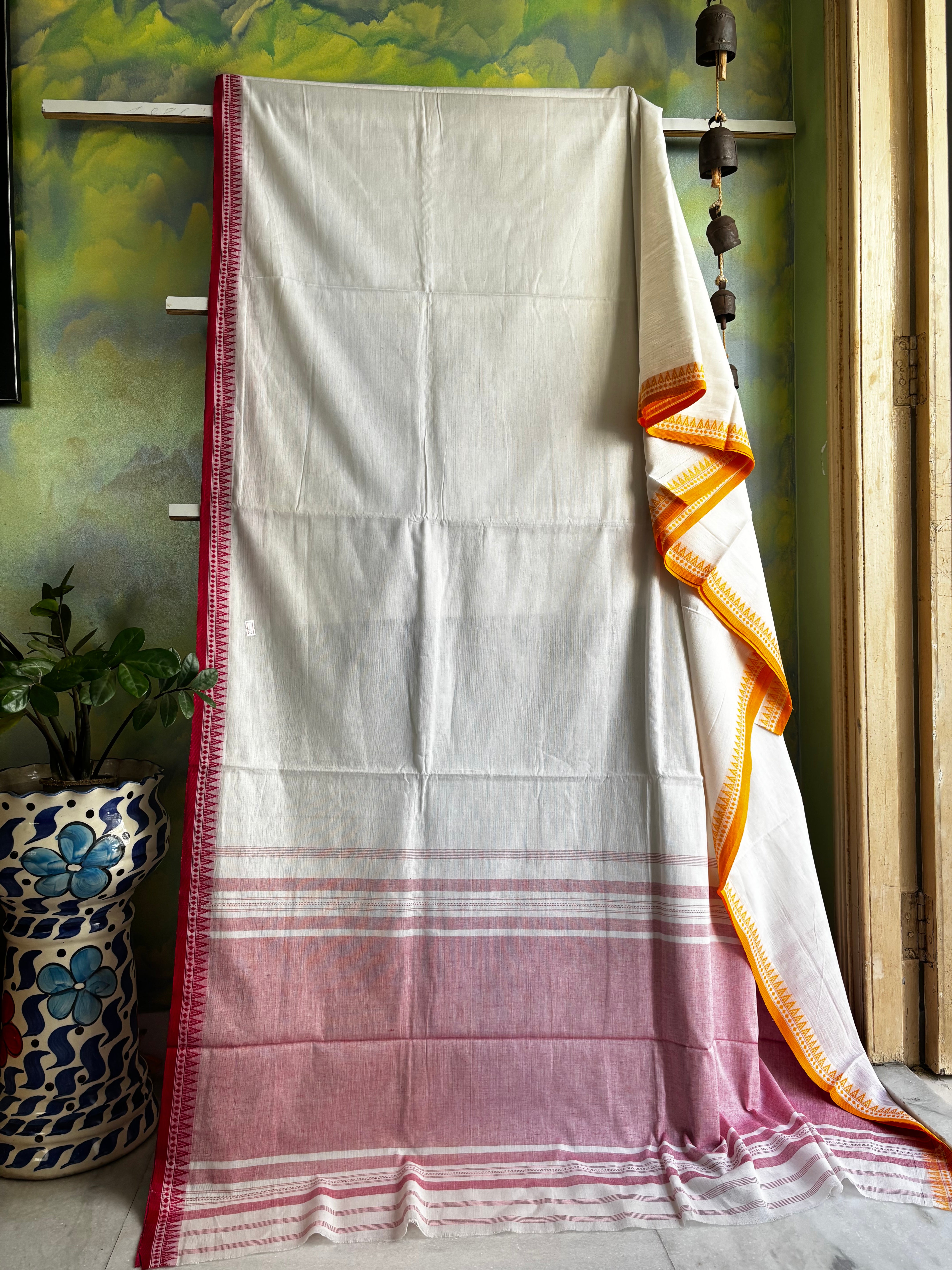 Handwoven White Red Yellow Dhonekhali Cotton Saree