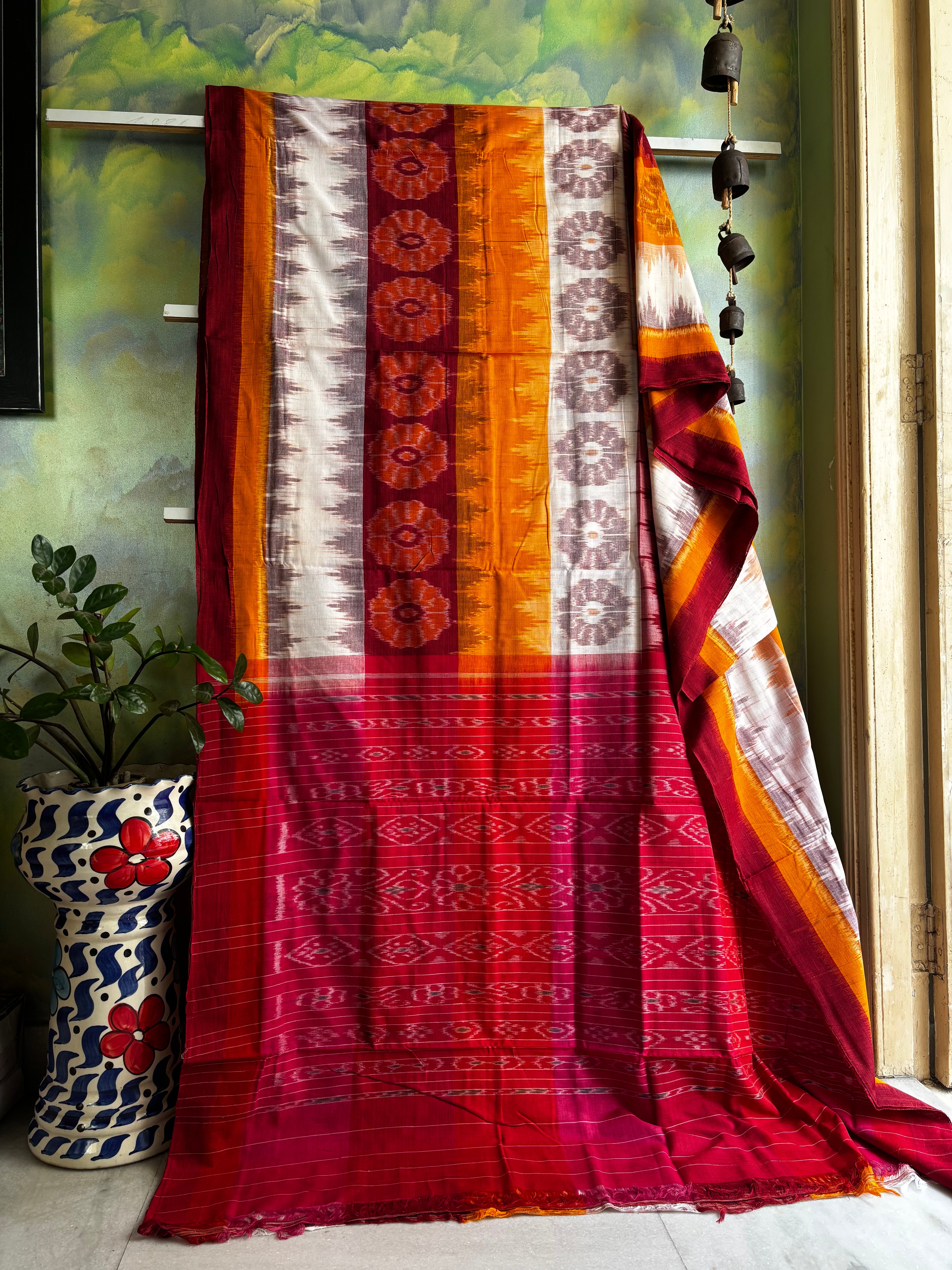 Handwoven White Yellow Red Odisha Cotton Ikkat Saree