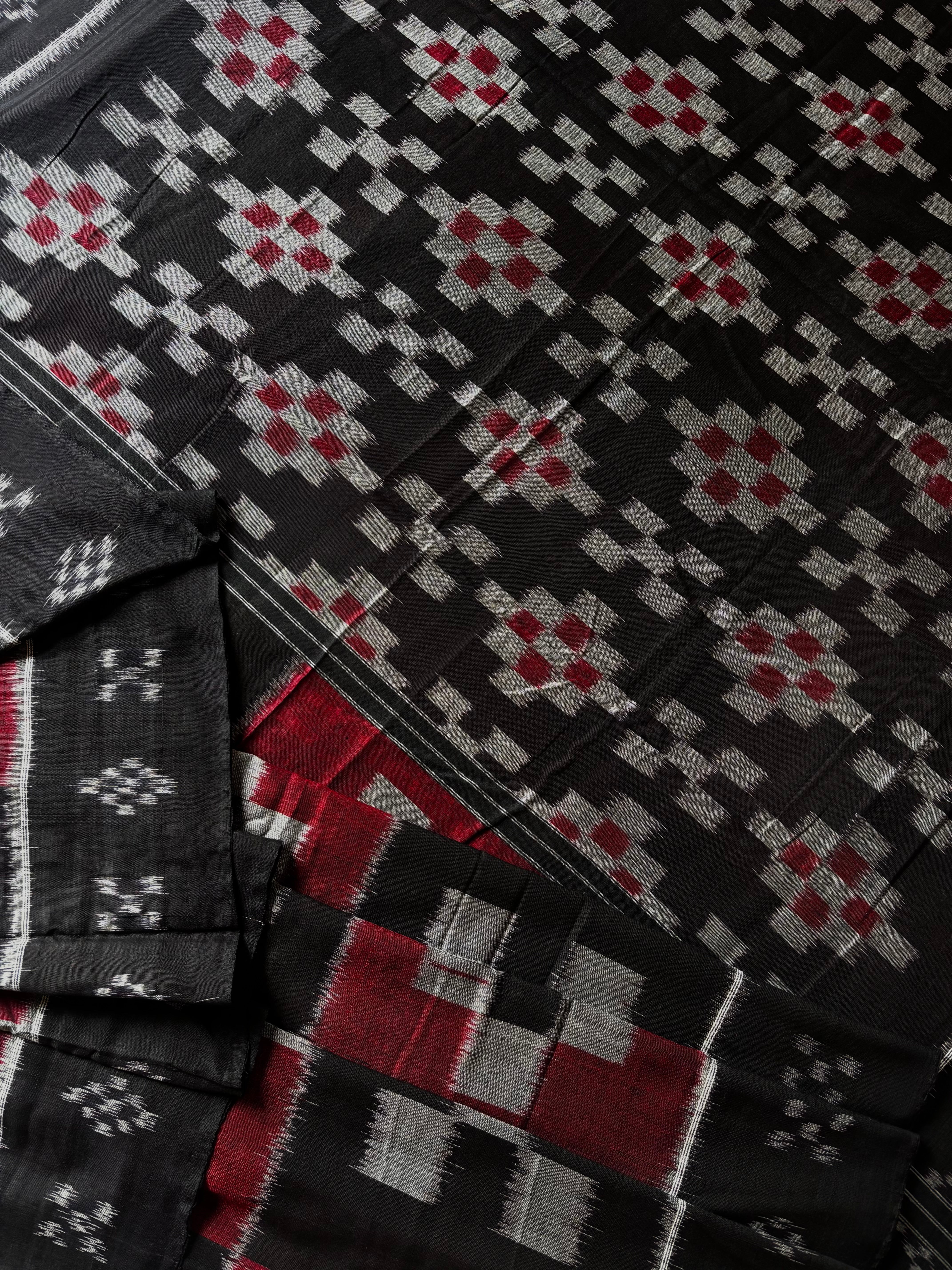 Handwoven Black Red Odisha Cotton Ikkat Saree