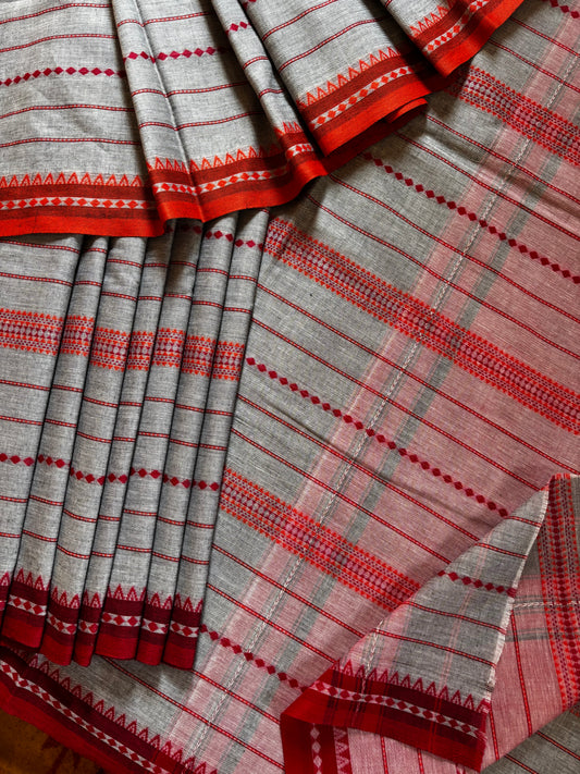 Handwoven Grey Colour Dhonekhali Cotton Saree