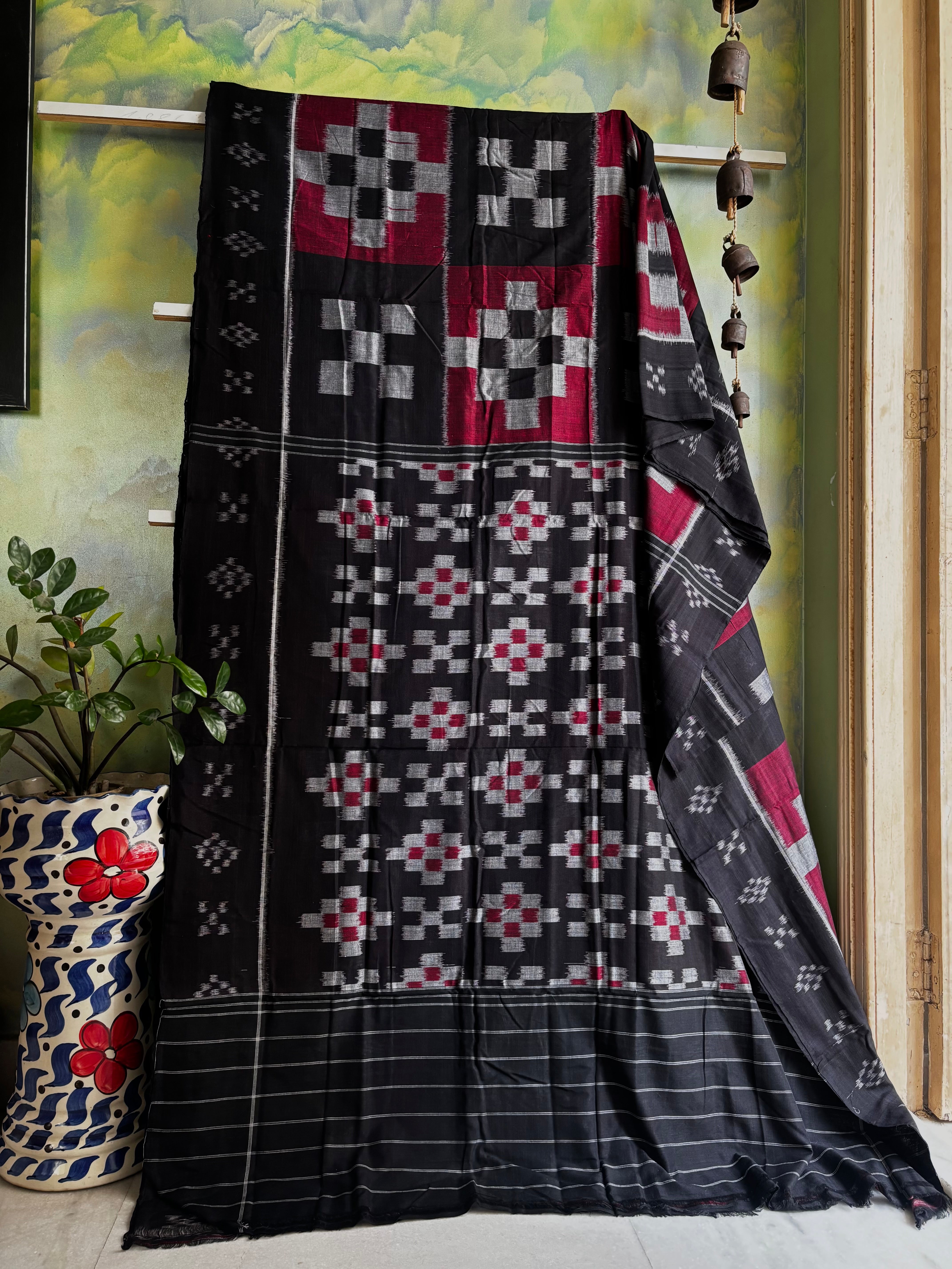Handwoven Black Red Odisha Cotton Ikkat Saree