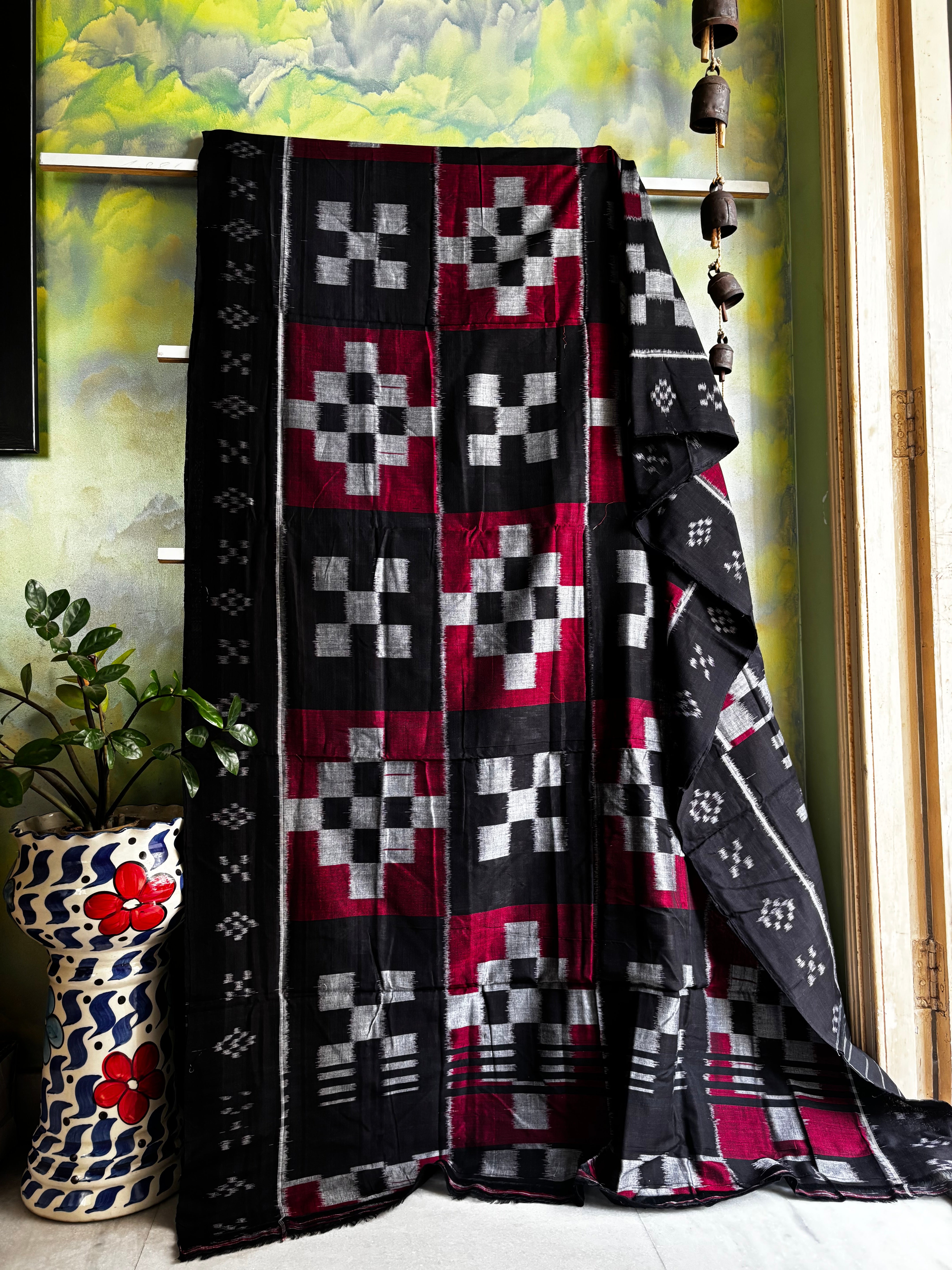 Handwoven Black Red Odisha Cotton Ikkat Saree
