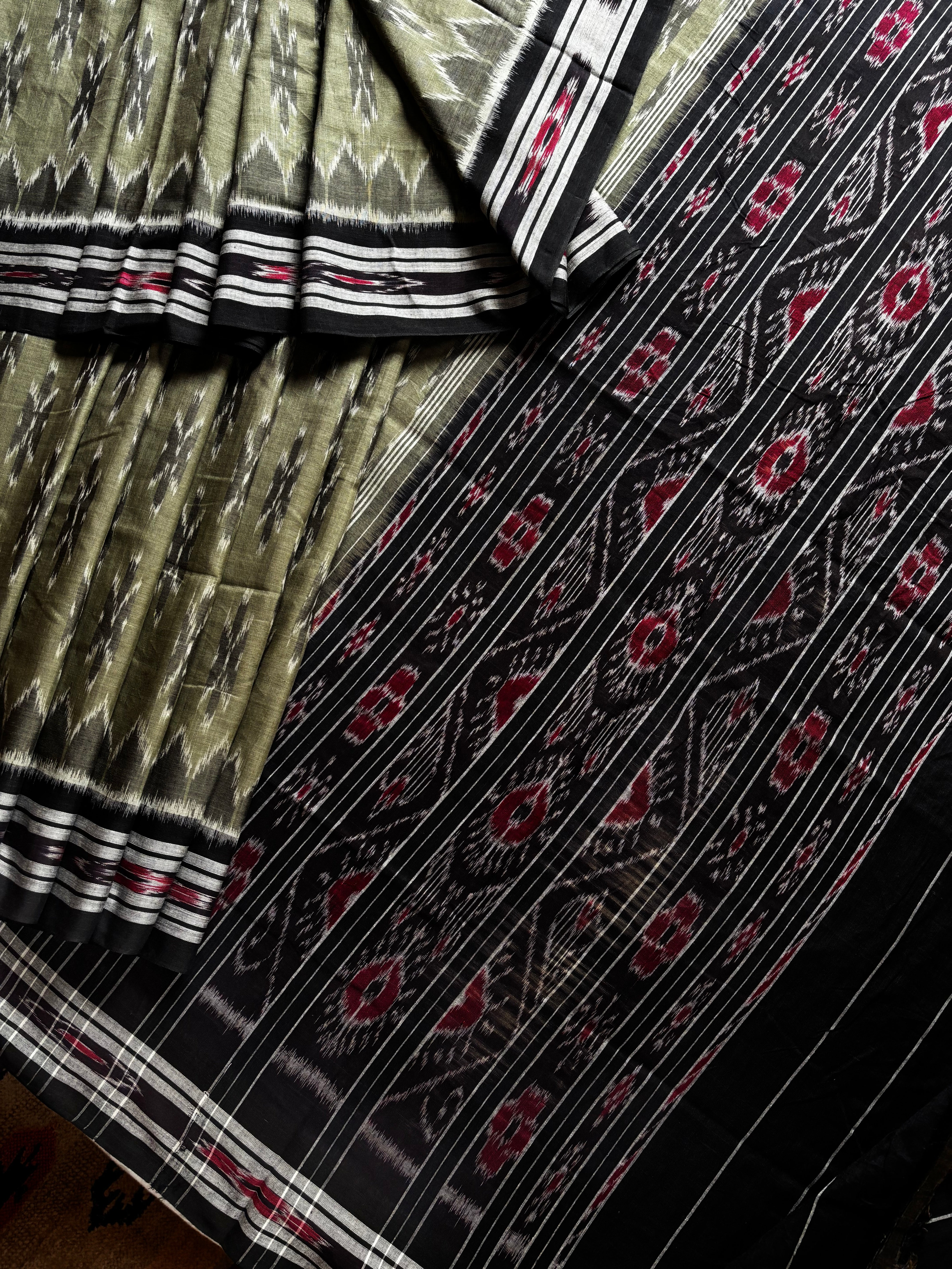 Handwoven Greyish Green Odisha Cotton Ikkat Saree