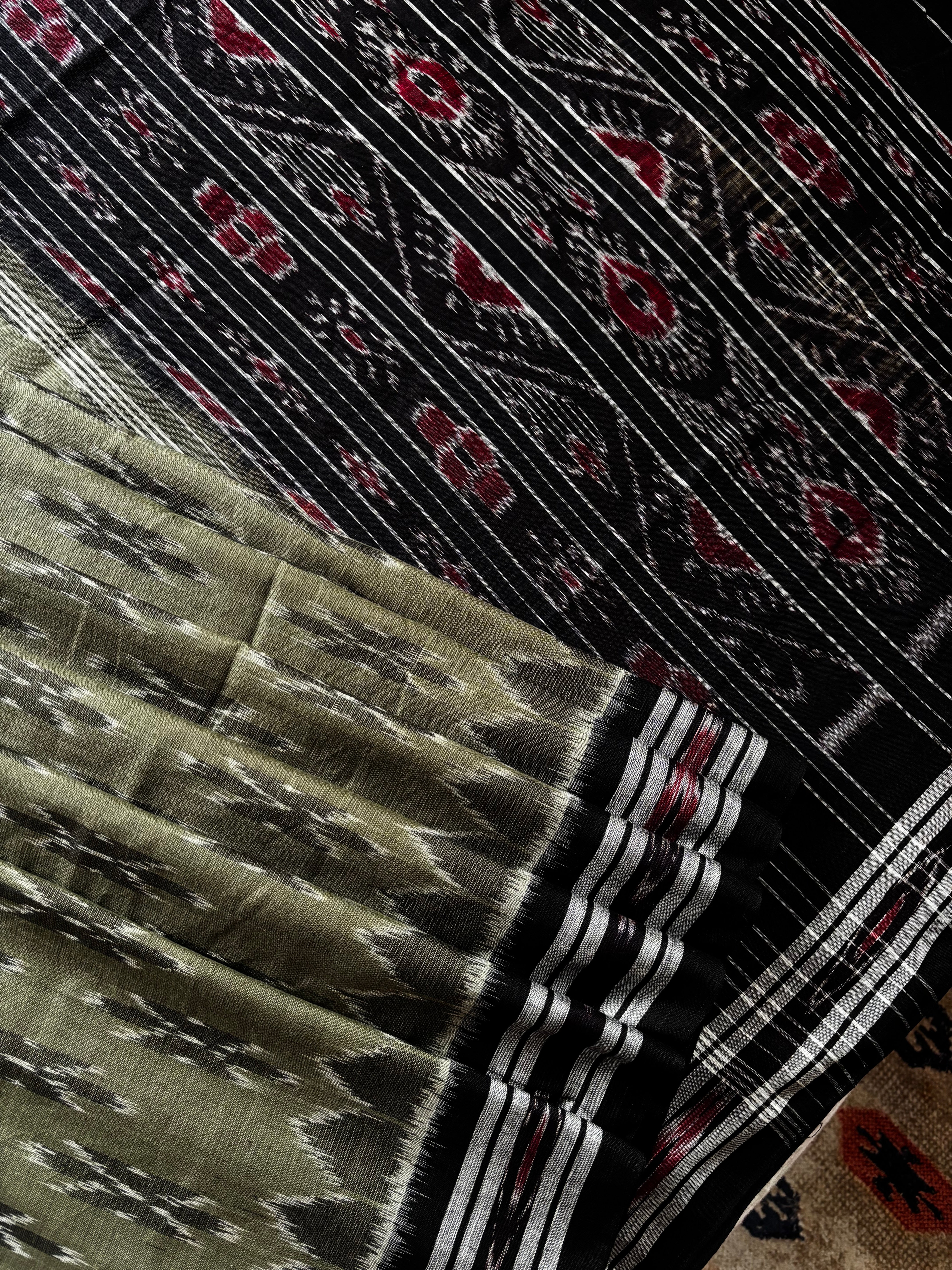 Handwoven Greyish Green Odisha Cotton Ikkat Saree