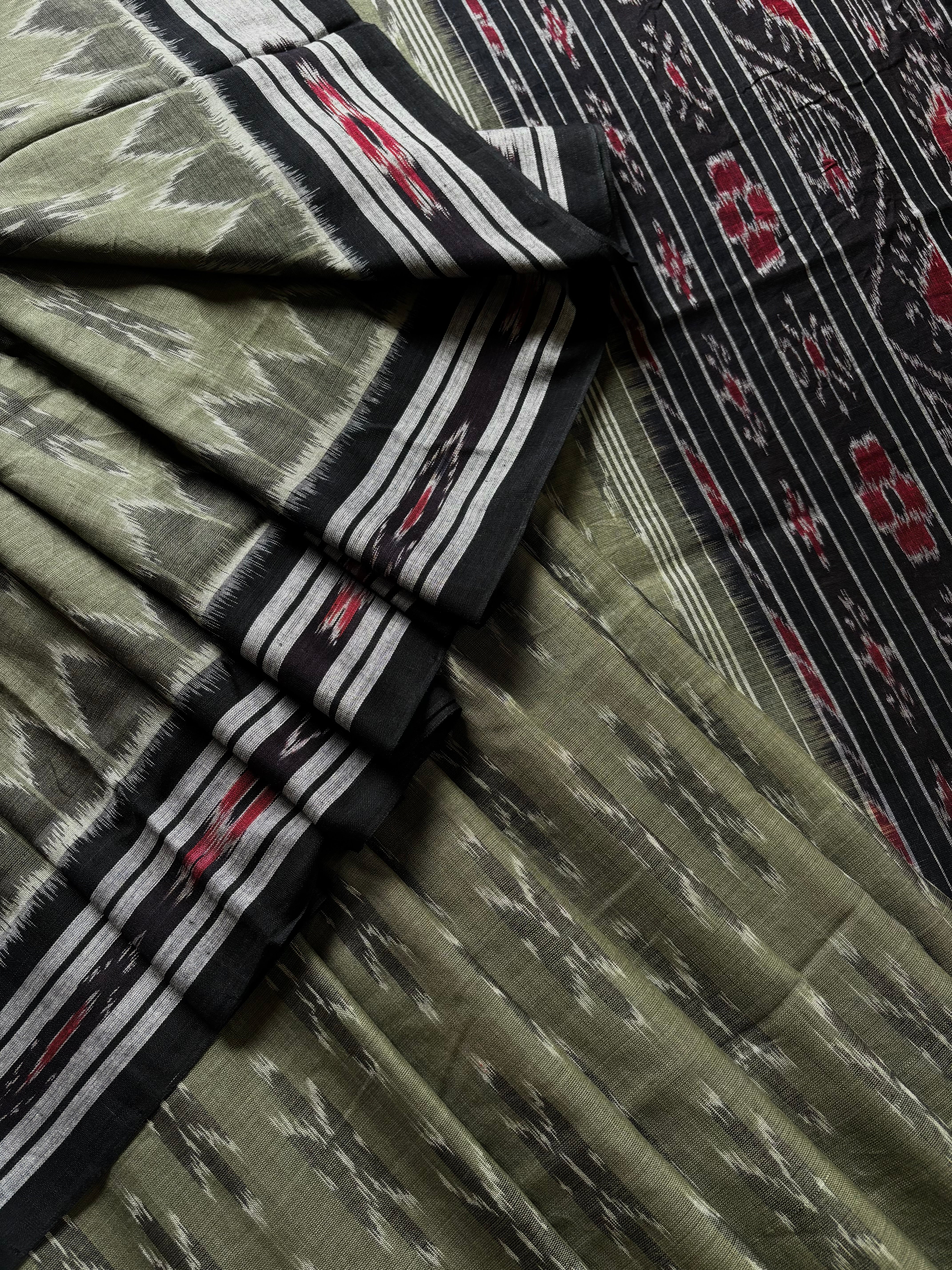 Handwoven Greyish Green Odisha Cotton Ikkat Saree