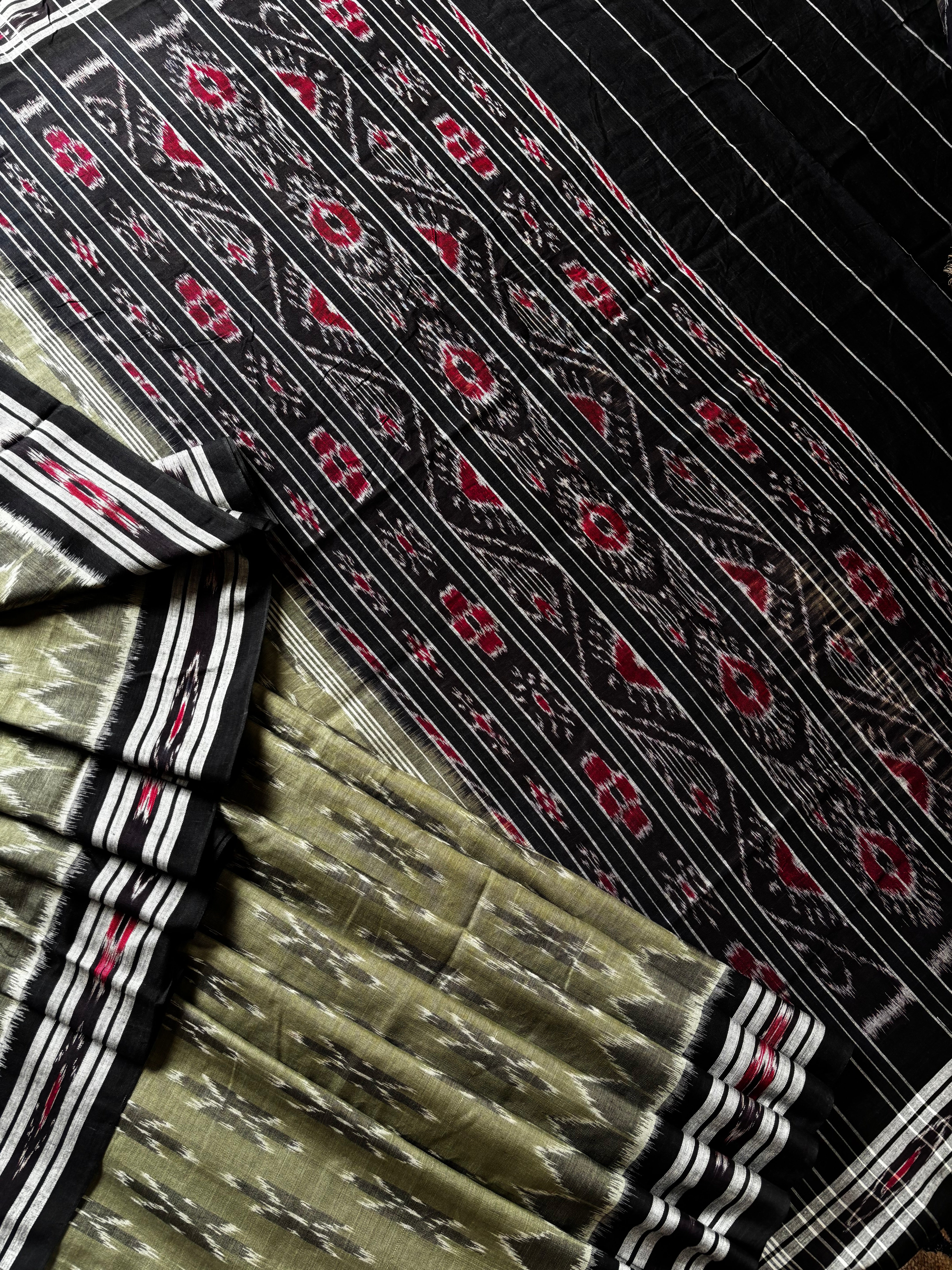 Handwoven Greyish Green Odisha Cotton Ikkat Saree