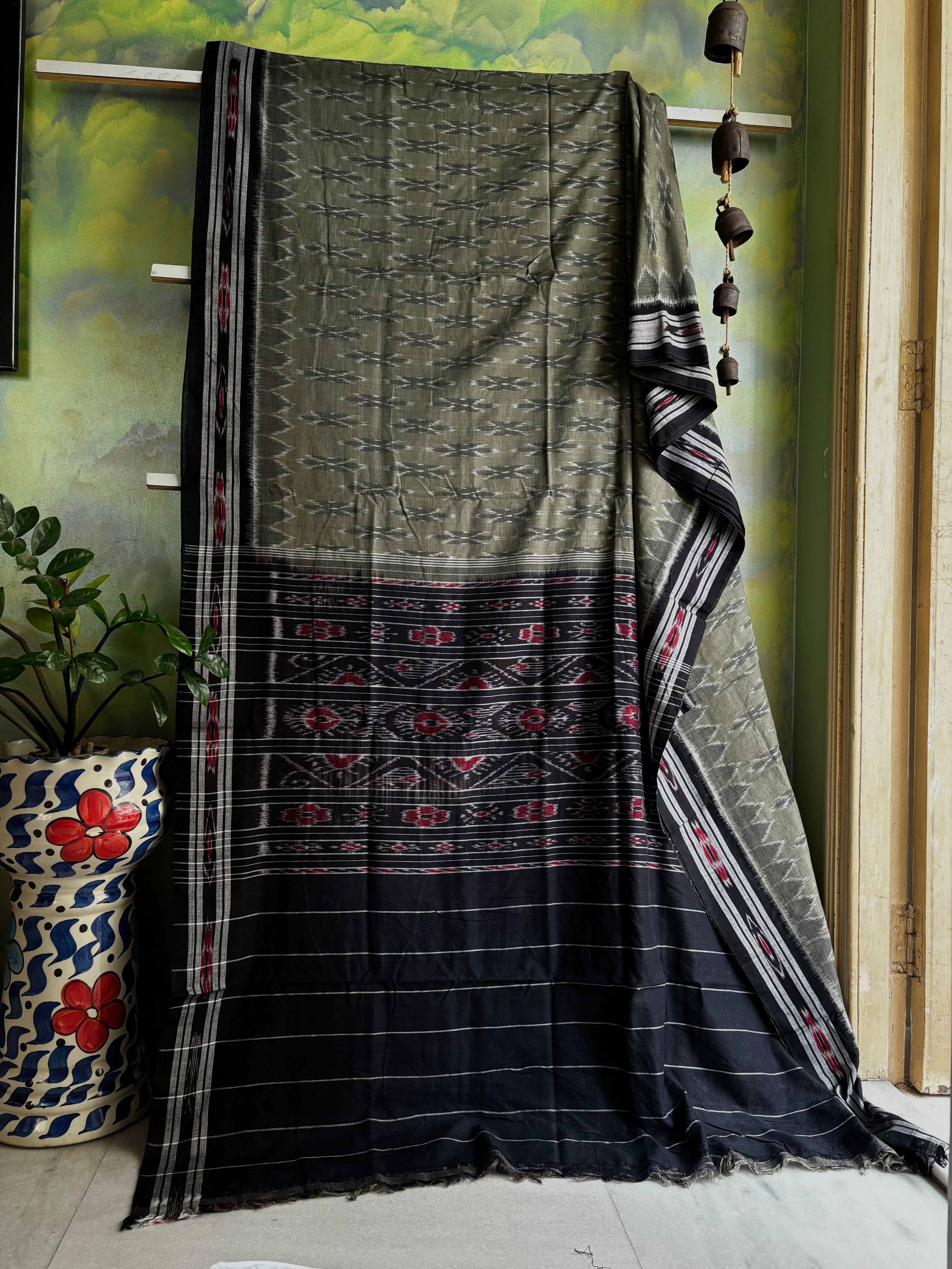 Handwoven Greyish Green Odisha Cotton Ikkat Saree