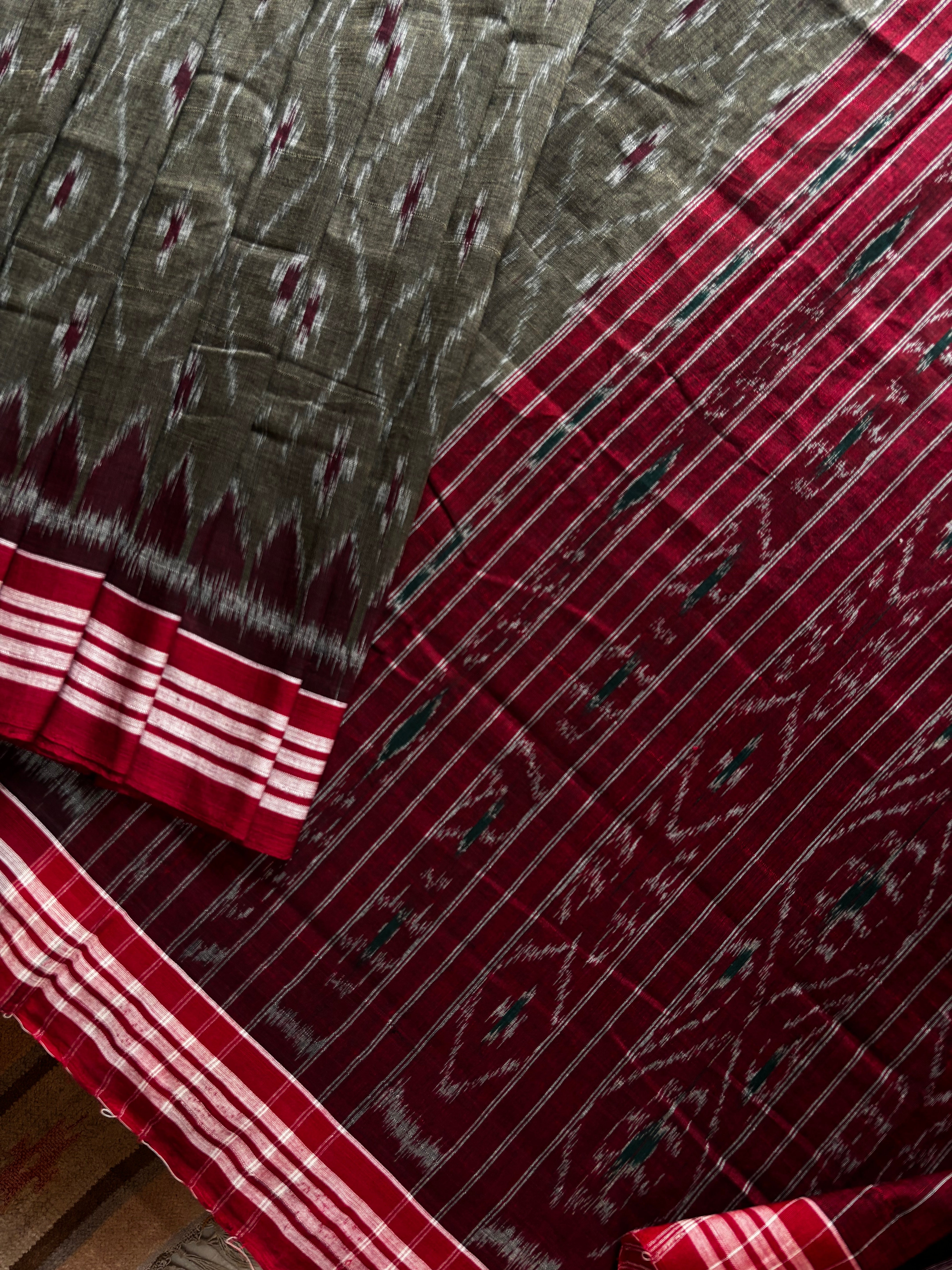 Handwoven Grey Red Odisha Cotton Ikkat Saree