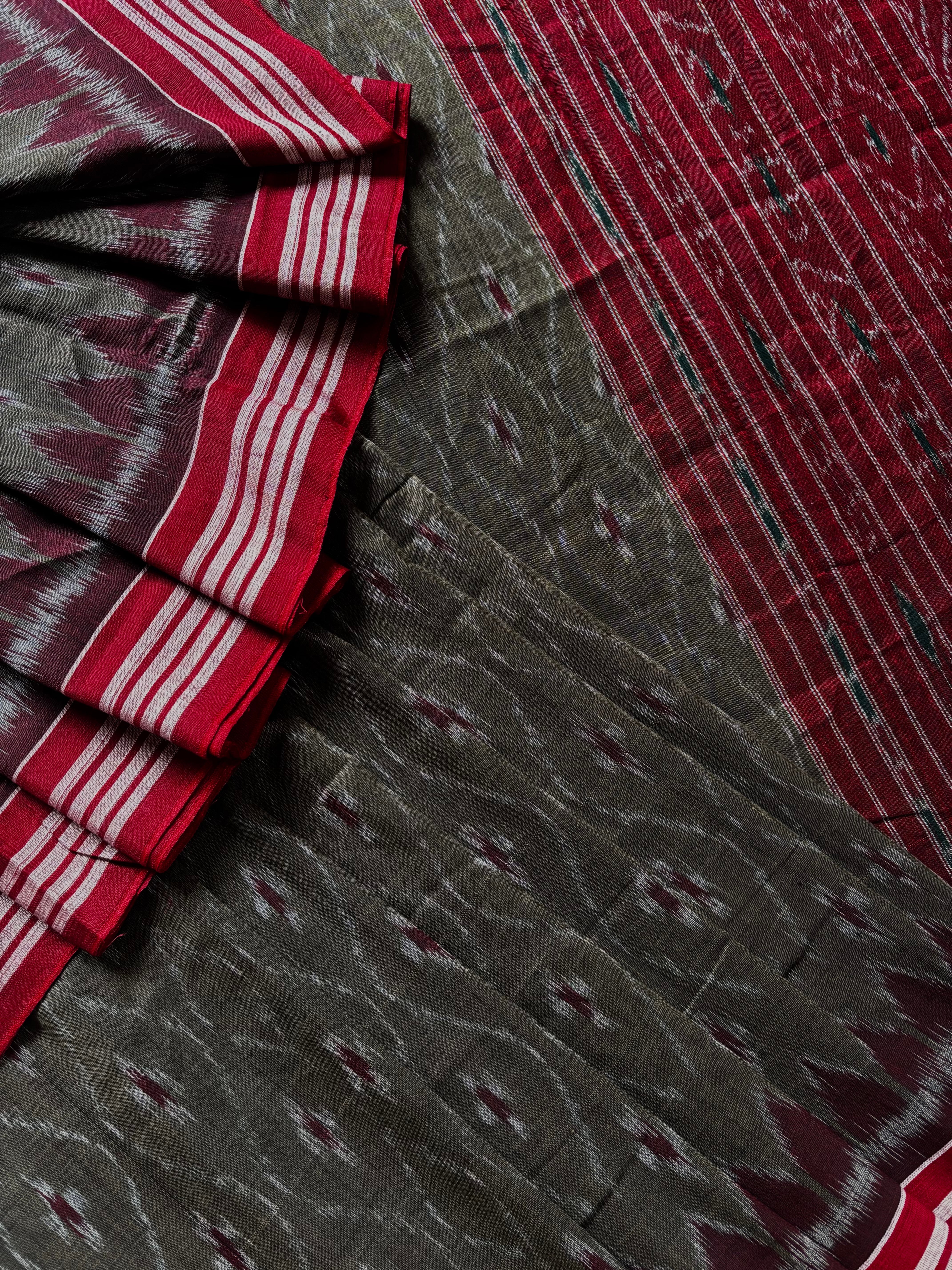 Handwoven Grey Red Odisha Cotton Ikkat Saree
