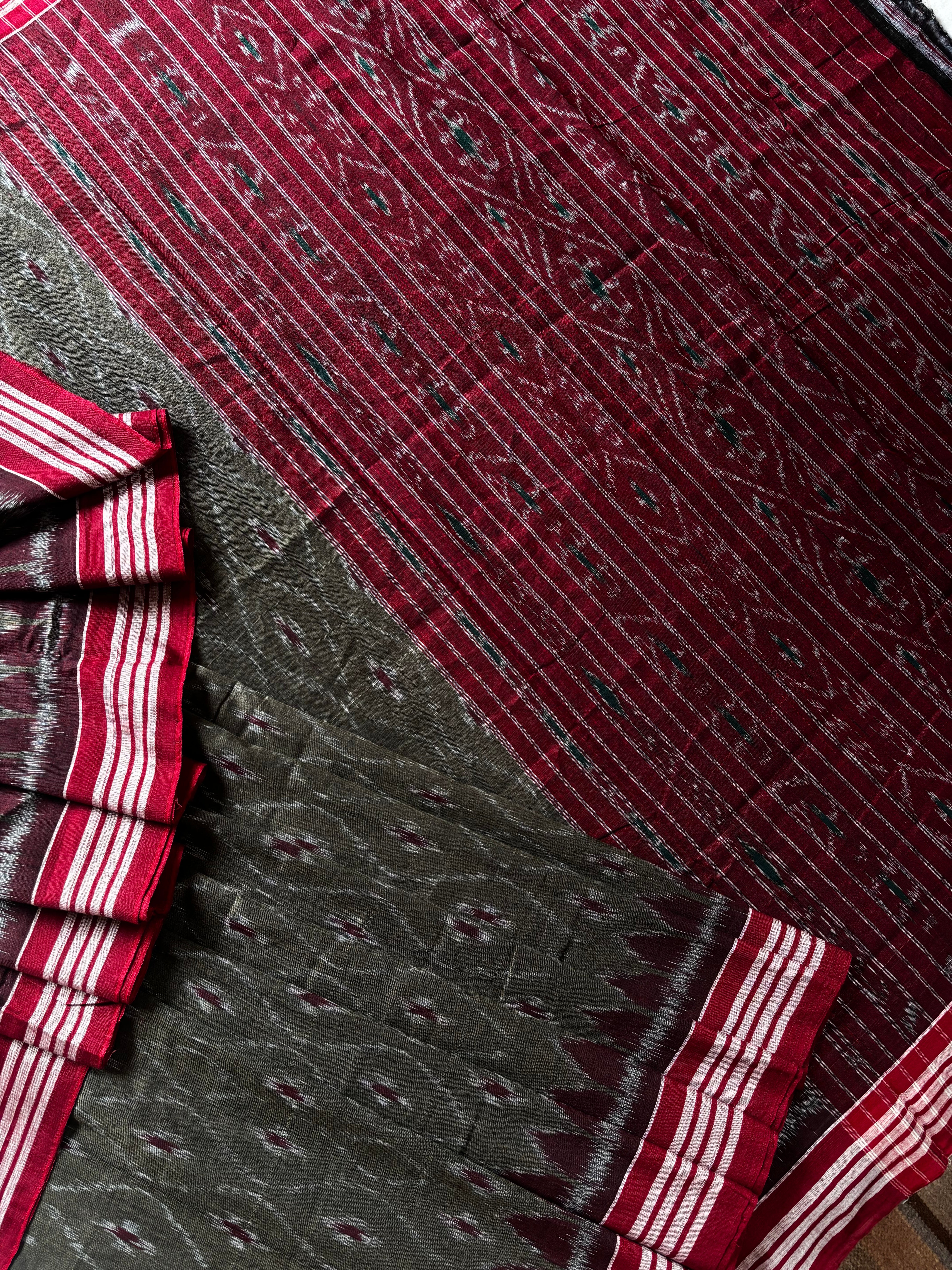 Handwoven Grey Red Odisha Cotton Ikkat Saree