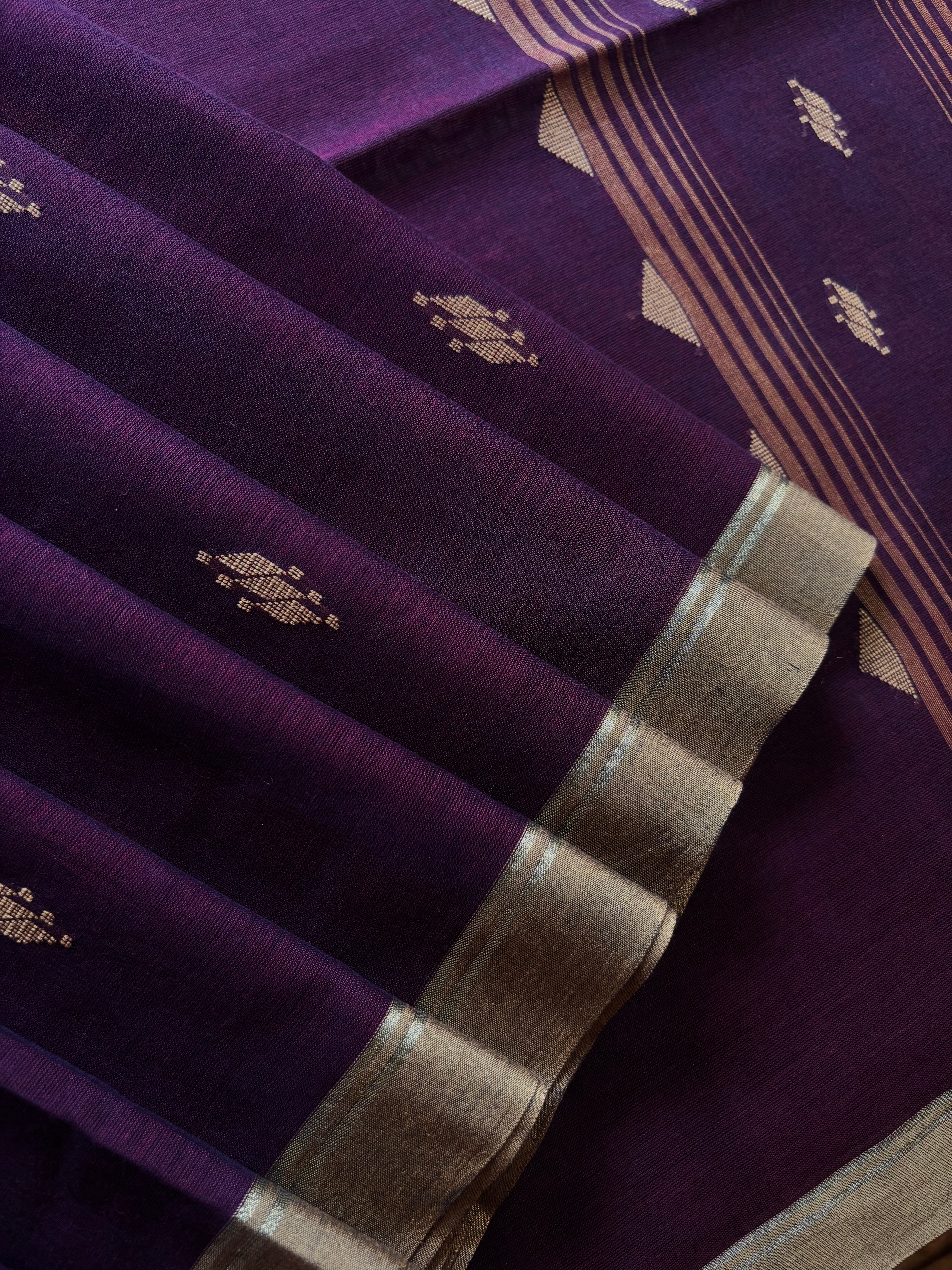 Handwoven Dark Plum Colour Cotton Jamdani Saree