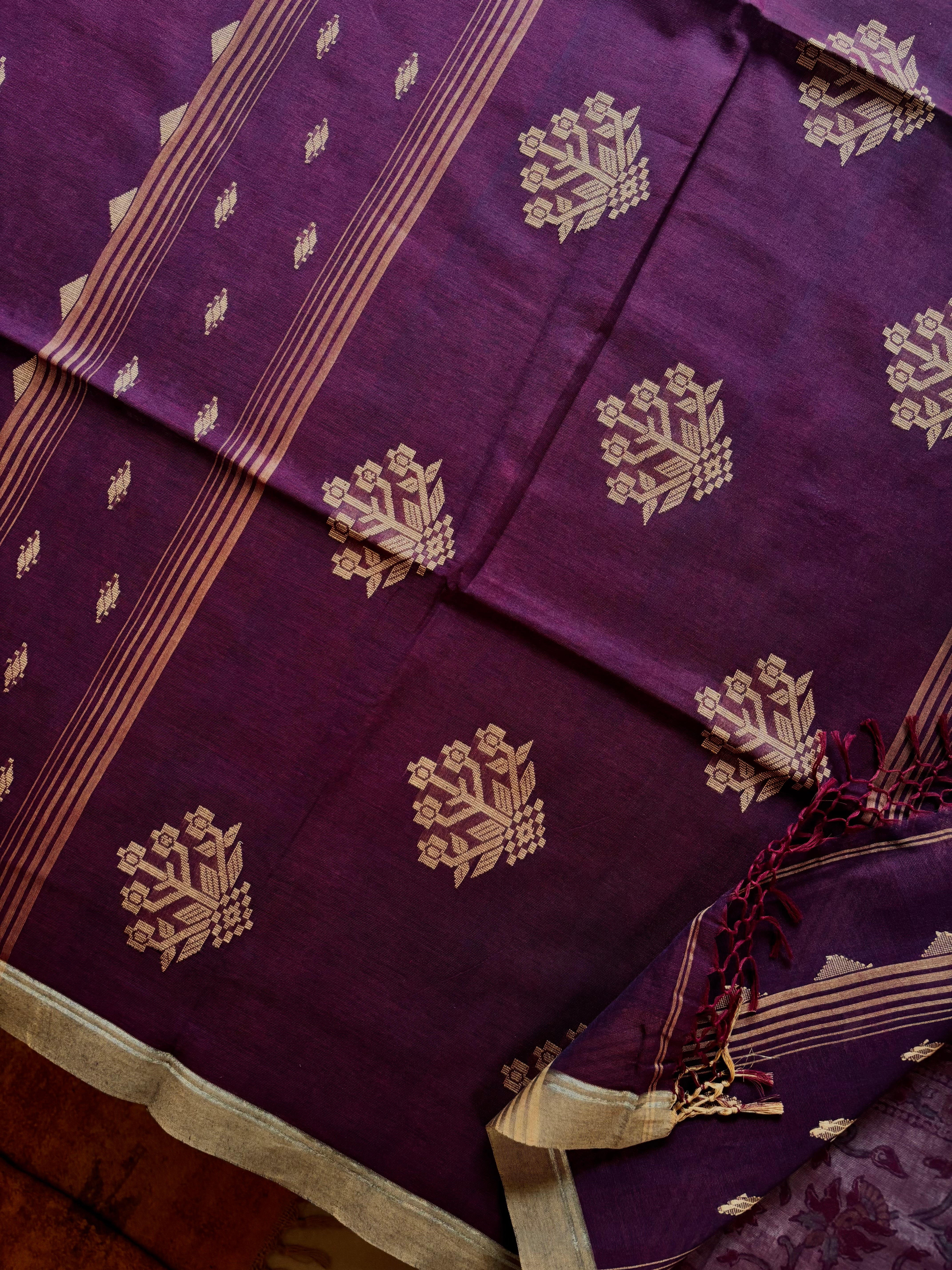 Handwoven Dark Plum Colour Cotton Jamdani Saree