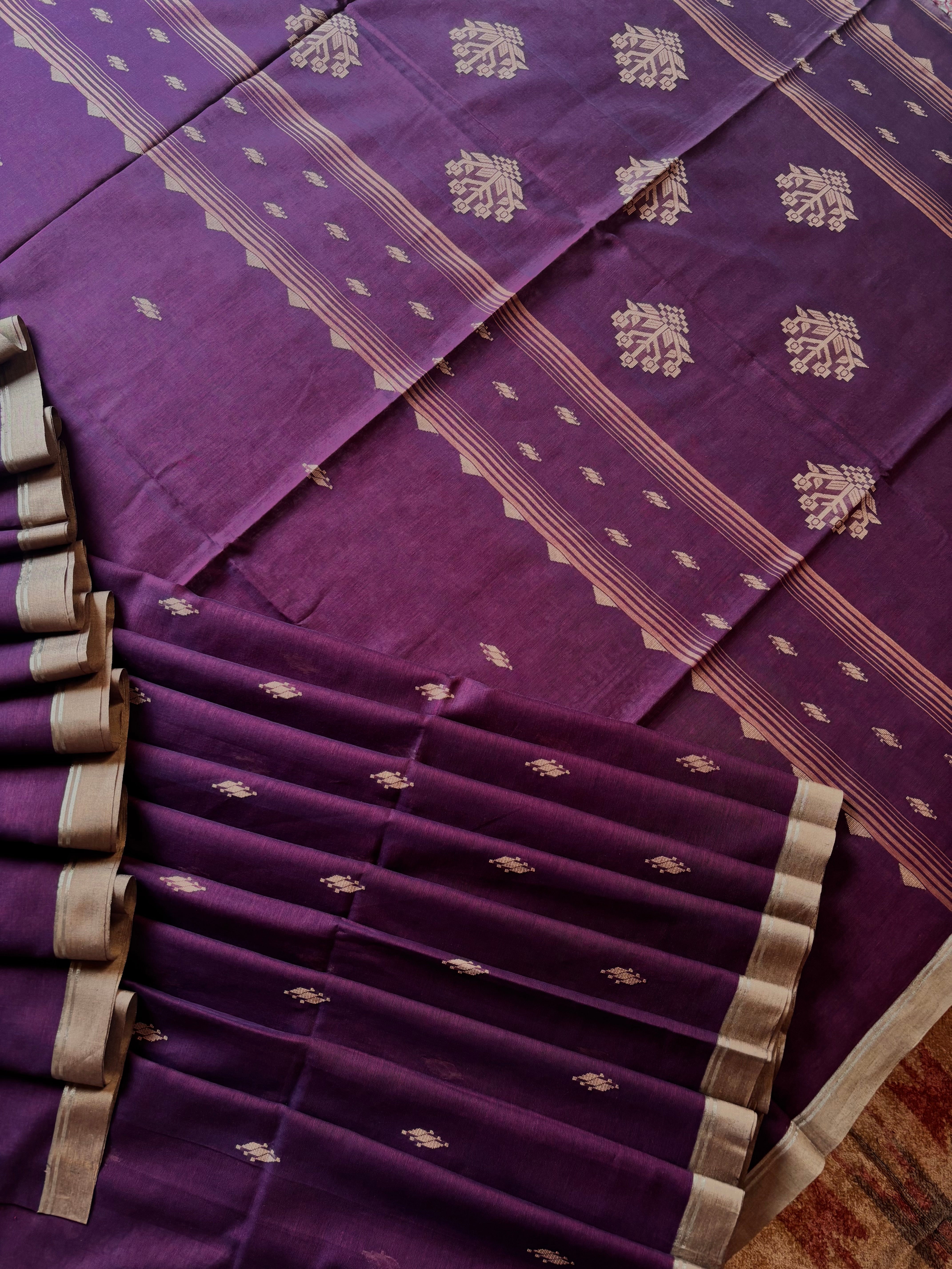 Handwoven Dark Plum Colour Cotton Jamdani Saree