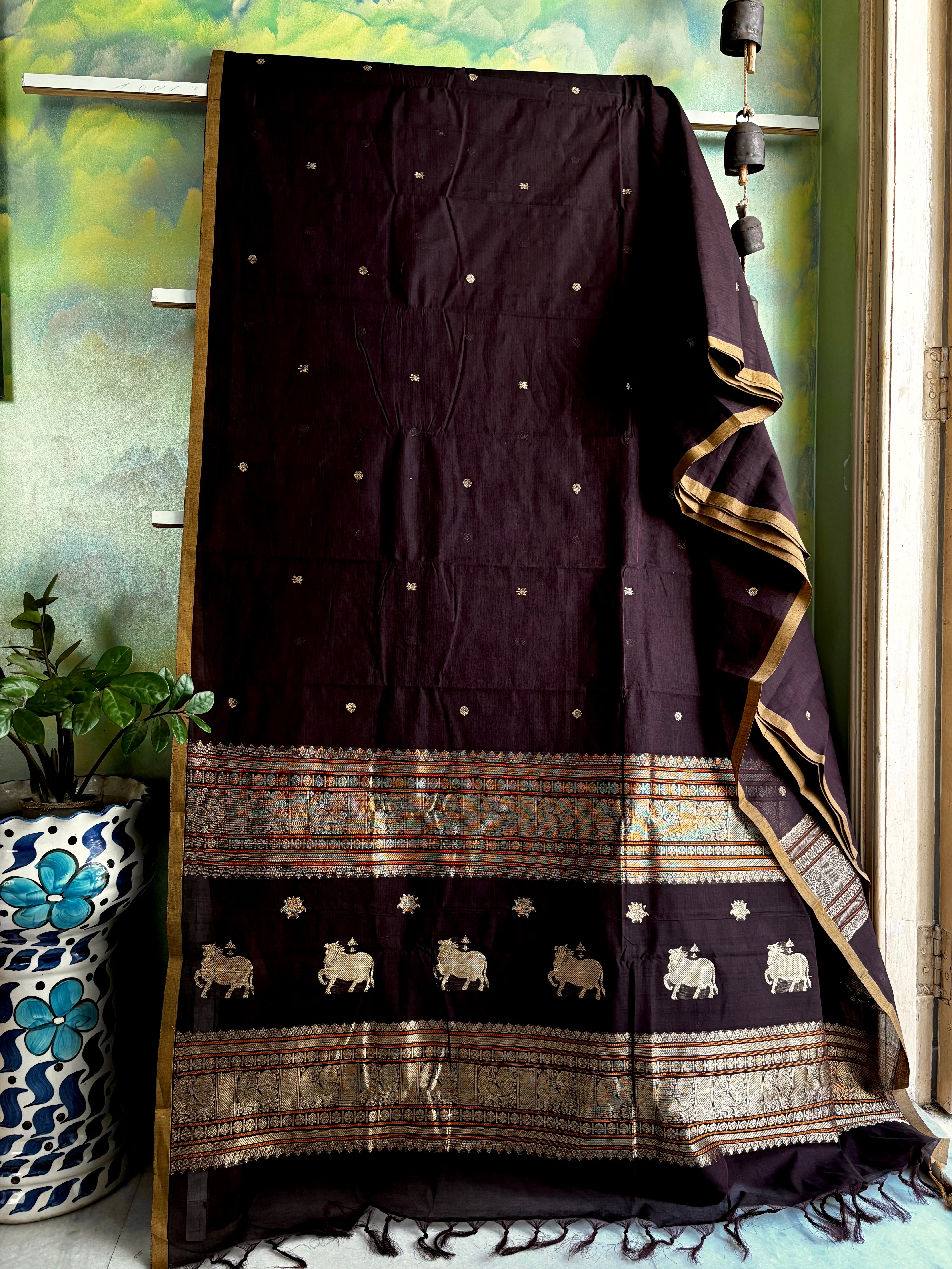 Handwoven Dark Brown Kanchipuram Cotton Saree