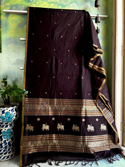 Handwoven Dark Brown Kanchipuram Cotton Saree