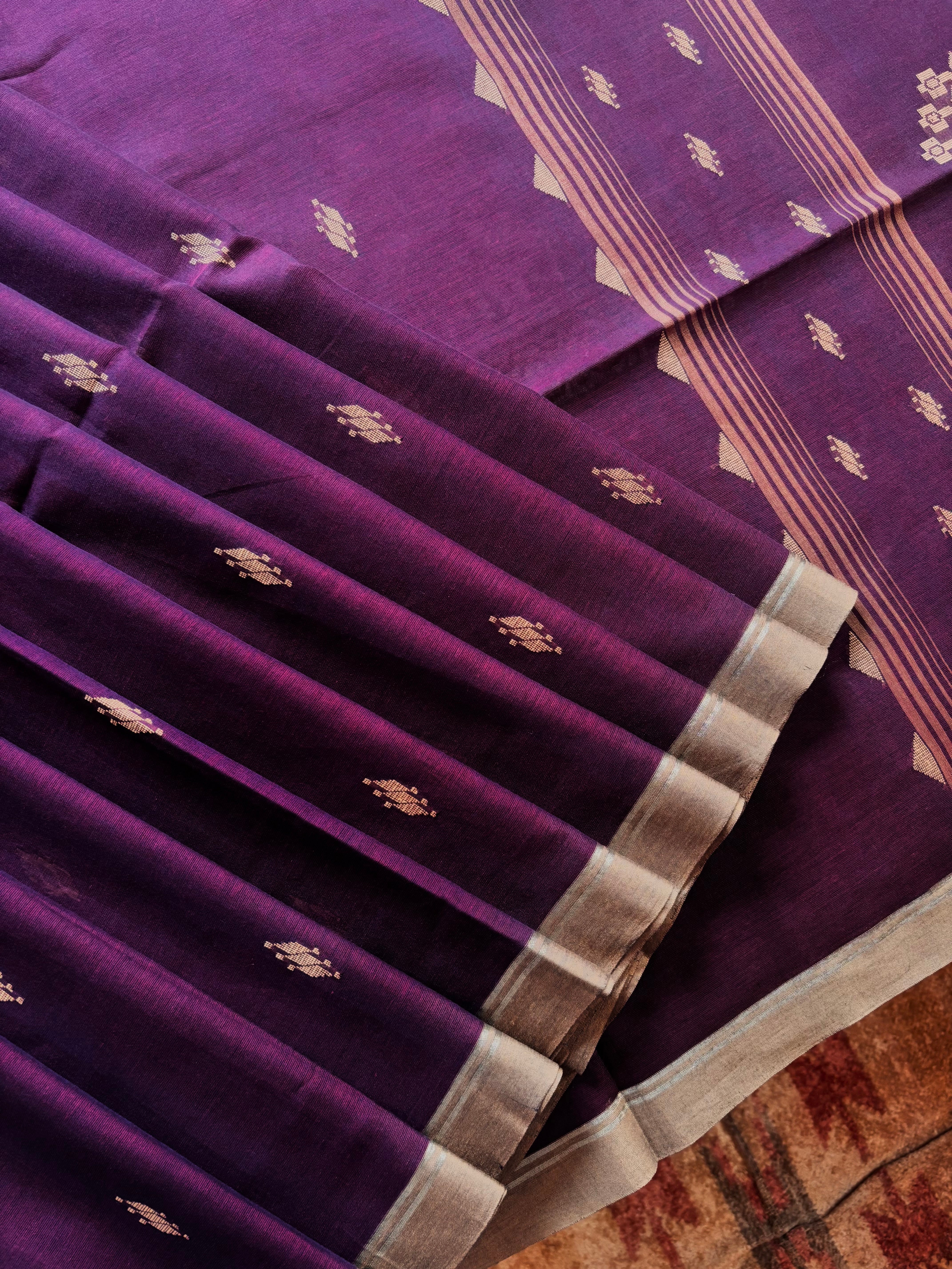 Handwoven Dark Plum Colour Cotton Jamdani Saree