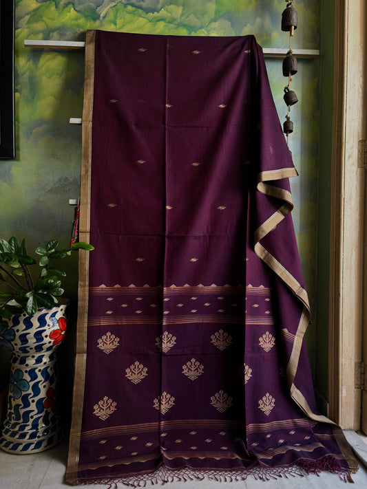 Handwoven Dark Plum Colour Cotton Jamdani Saree