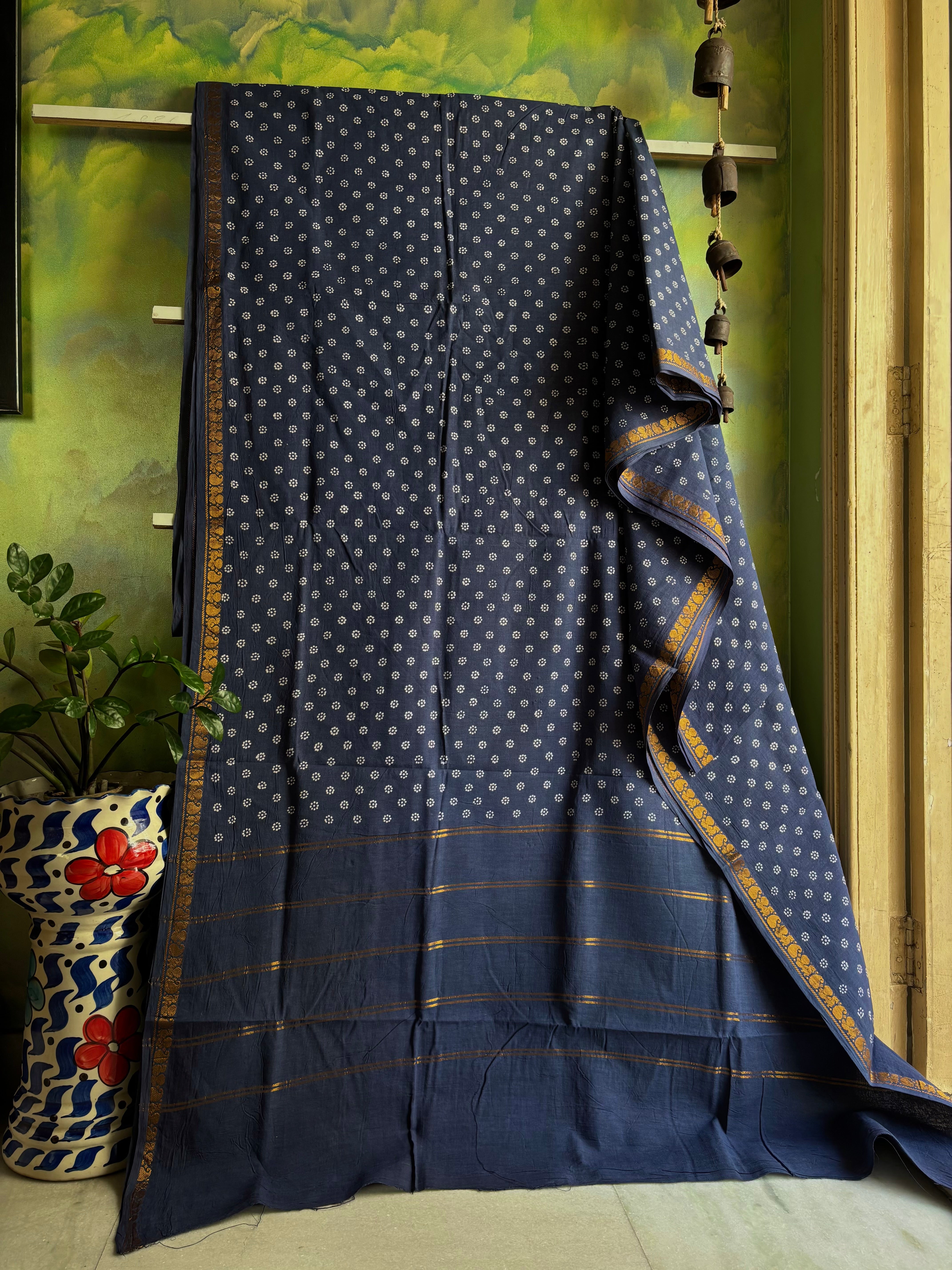 Bluish Grey Colour Cotton Sungudi Saree