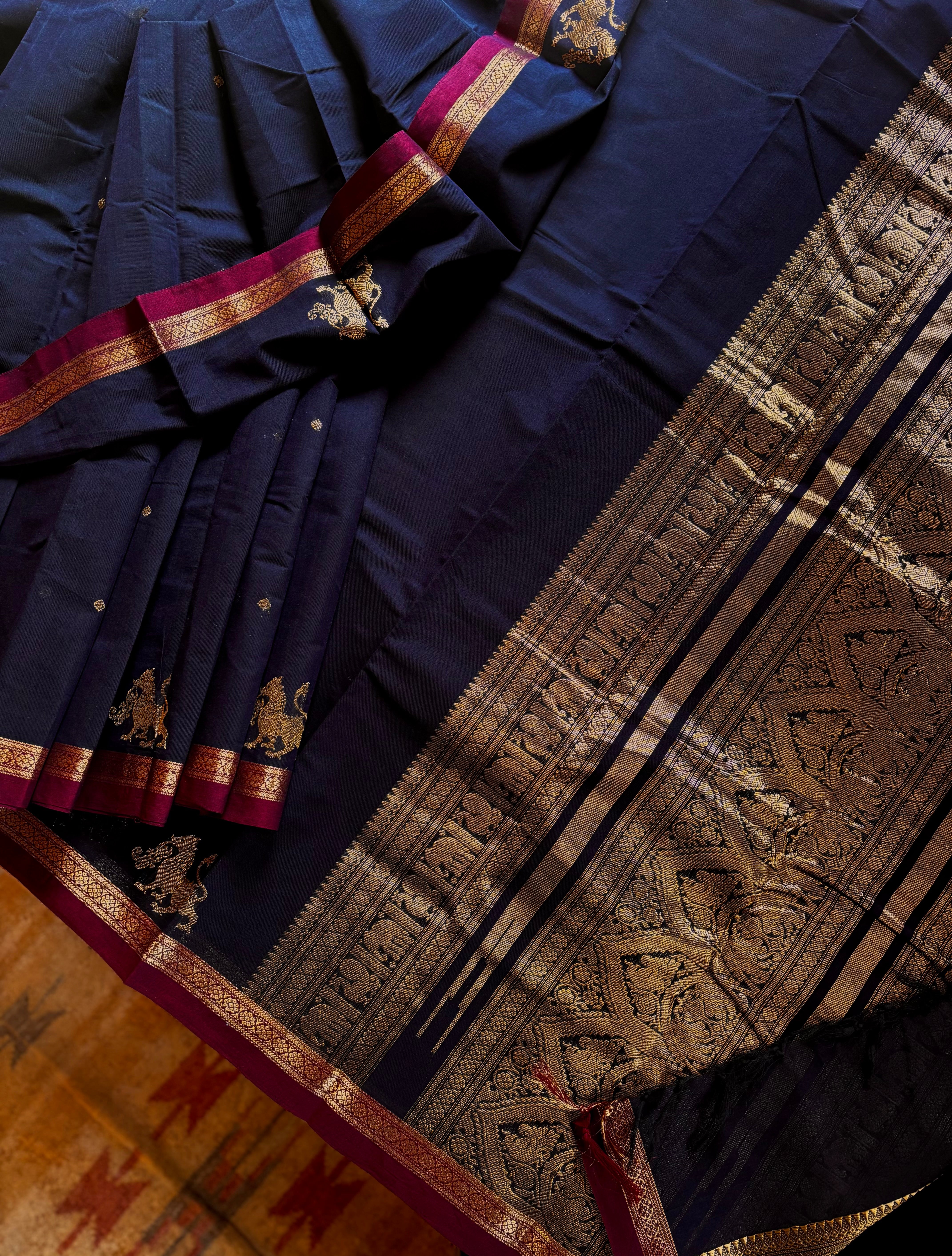 Handwoven Navy Blue Kanchipuram Cotton Saree