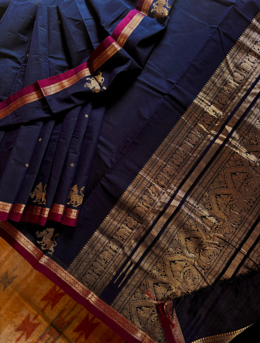 Handwoven Navy Blue Kanchipuram Cotton Saree
