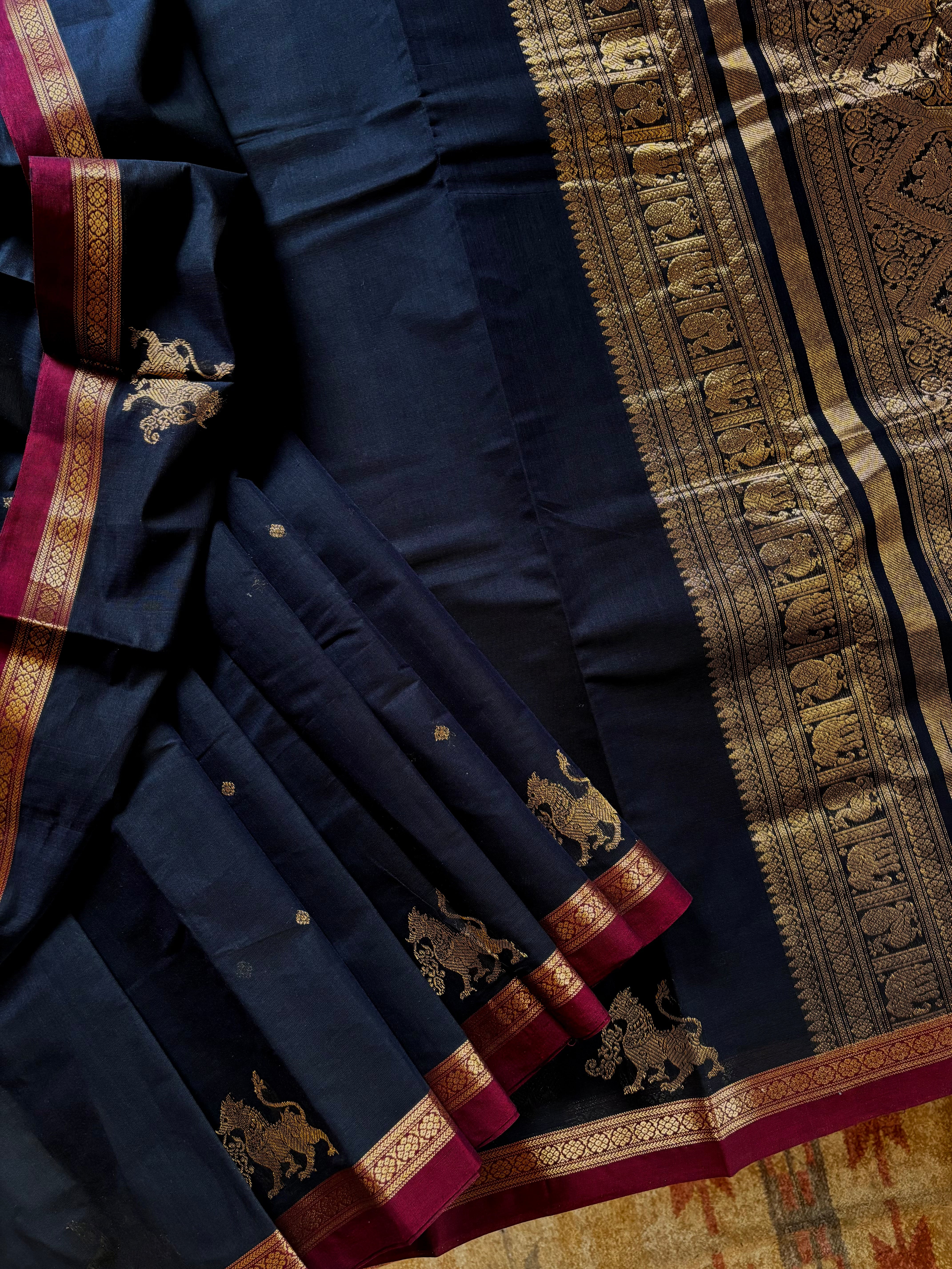 Handwoven Navy Blue Kanchipuram Cotton Saree