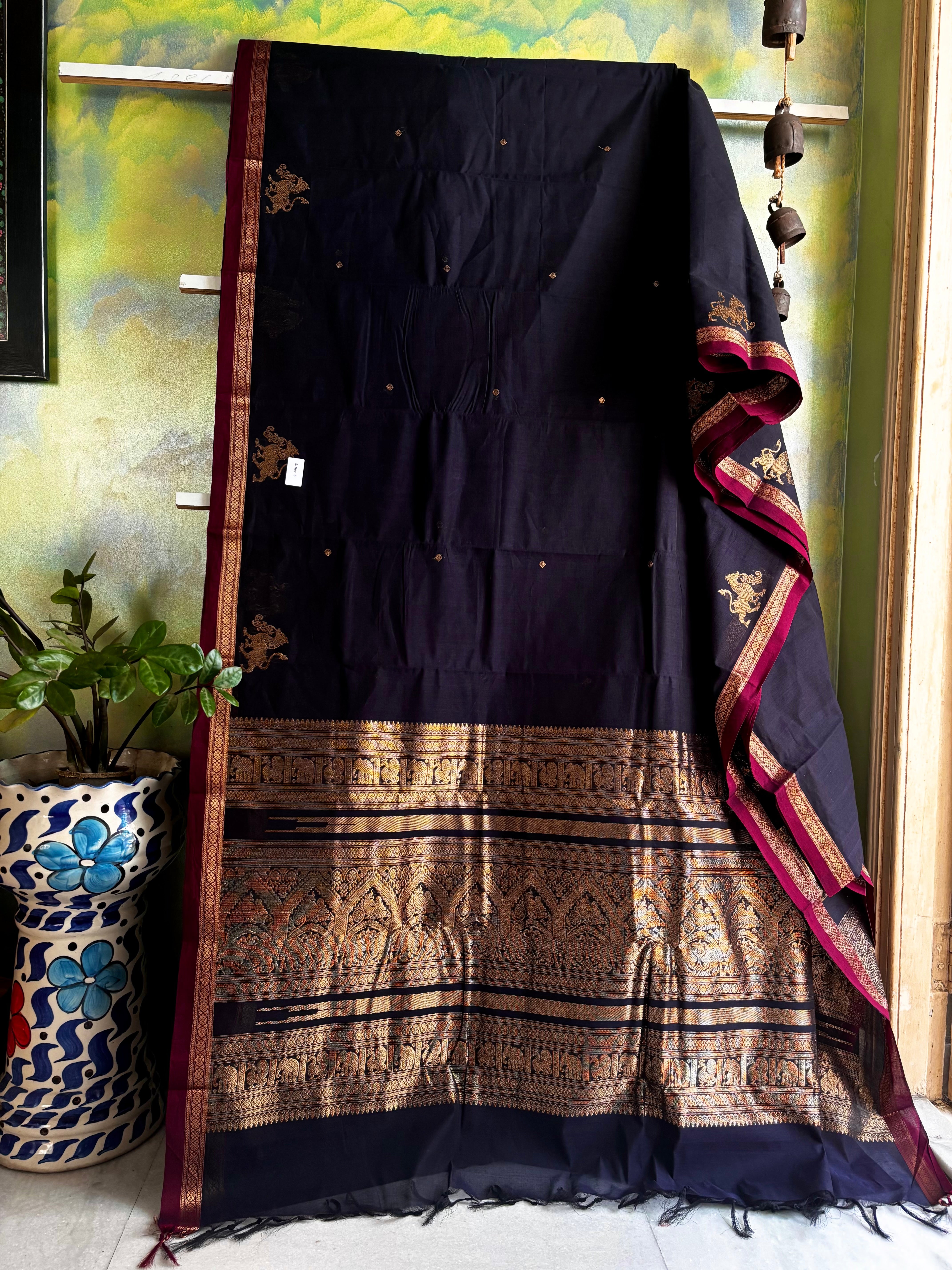 Handwoven Navy Blue Kanchipuram Cotton Saree