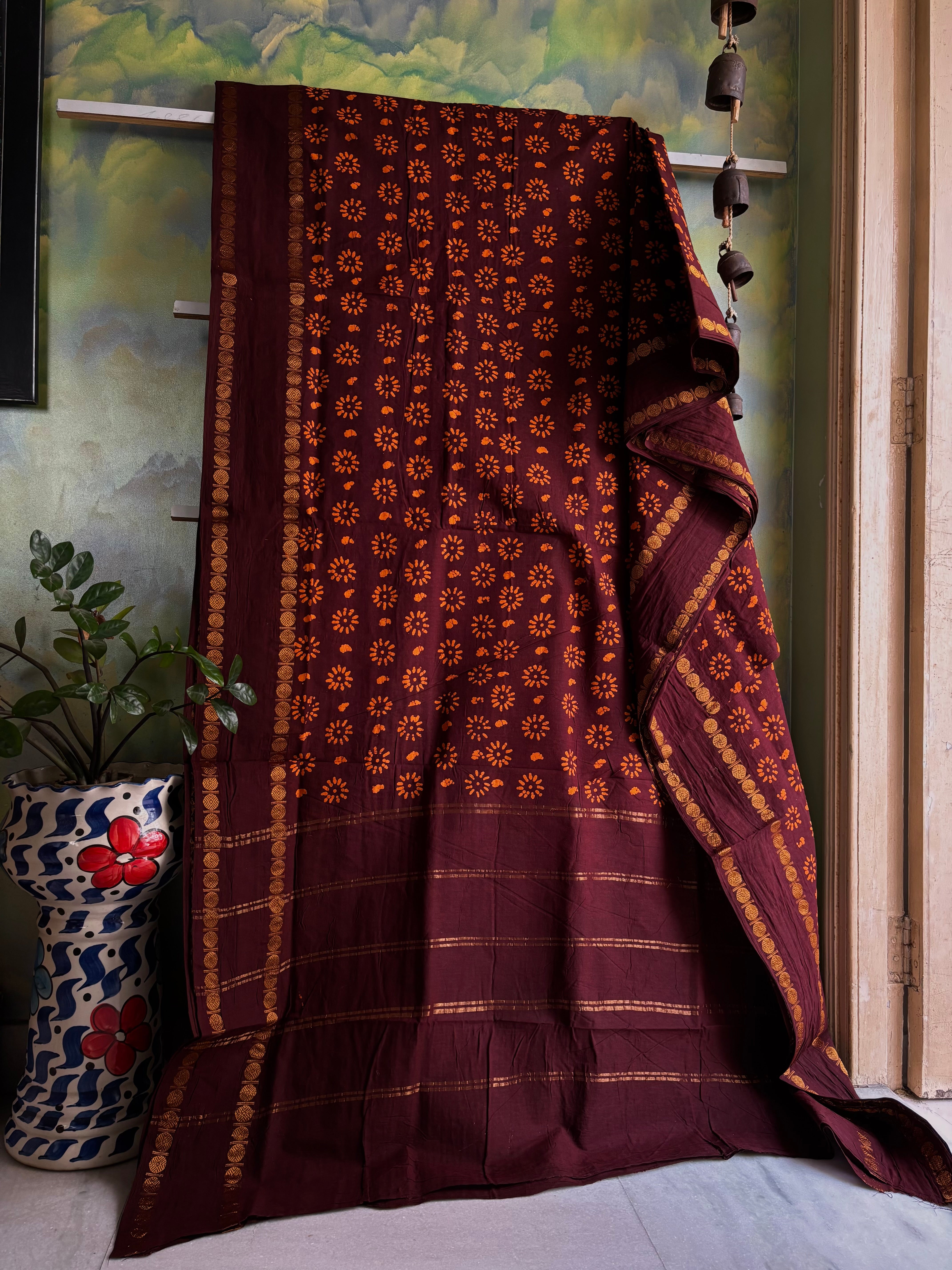 Dark Brown Cotton Sungudi Saree