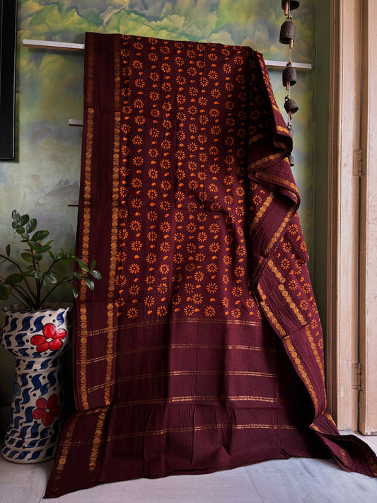 Dark Brown Cotton Sungudi Saree