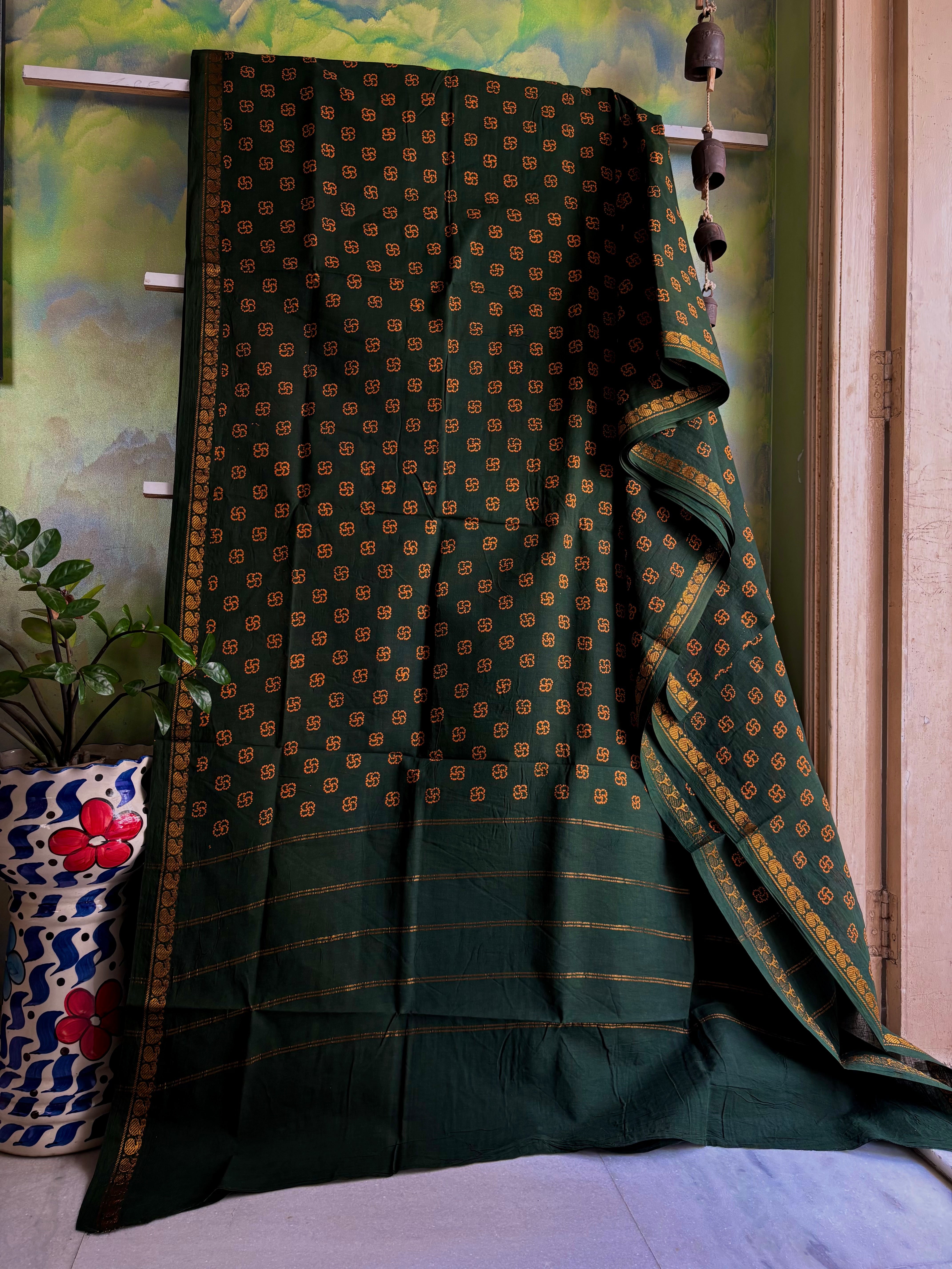 Bottle Green Cotton Sungudi Saree