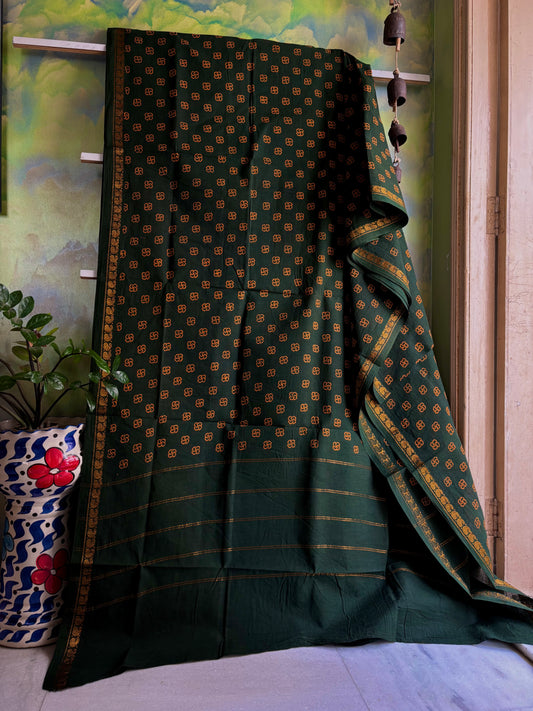 Bottle Green Cotton Sungudi Saree