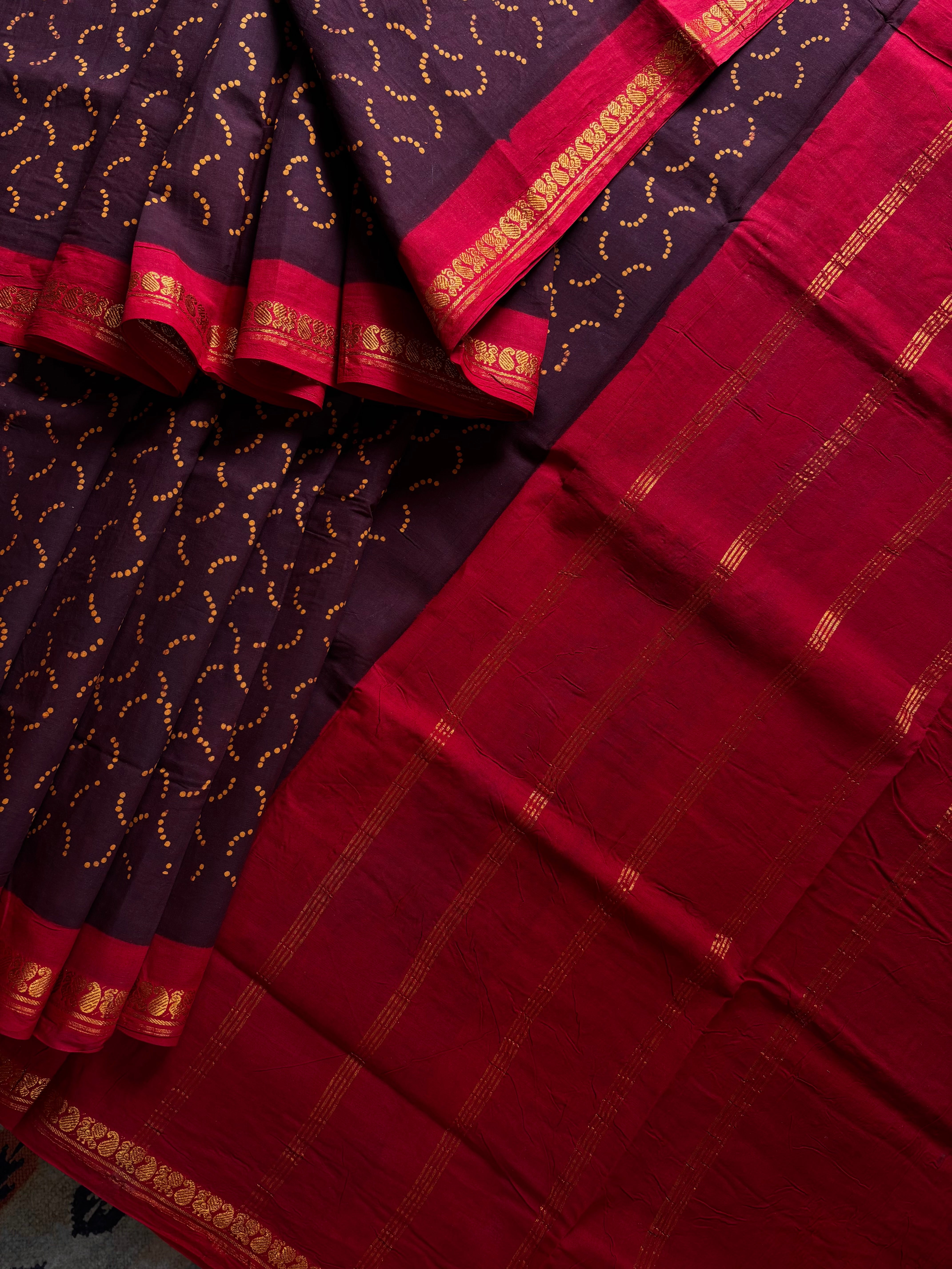 Dark Brown Cotton Sungudi Saree