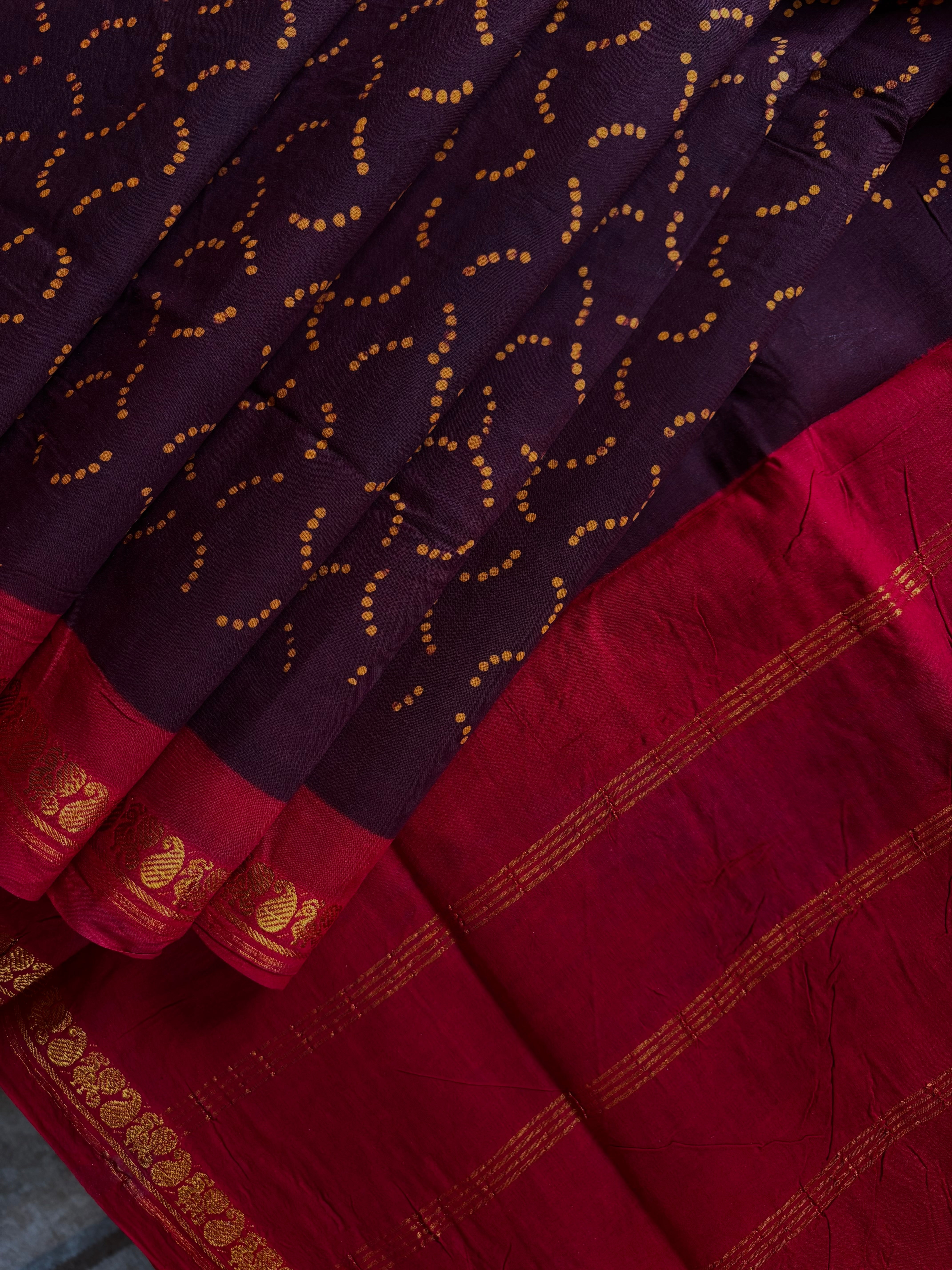 Dark Brown Cotton Sungudi Saree