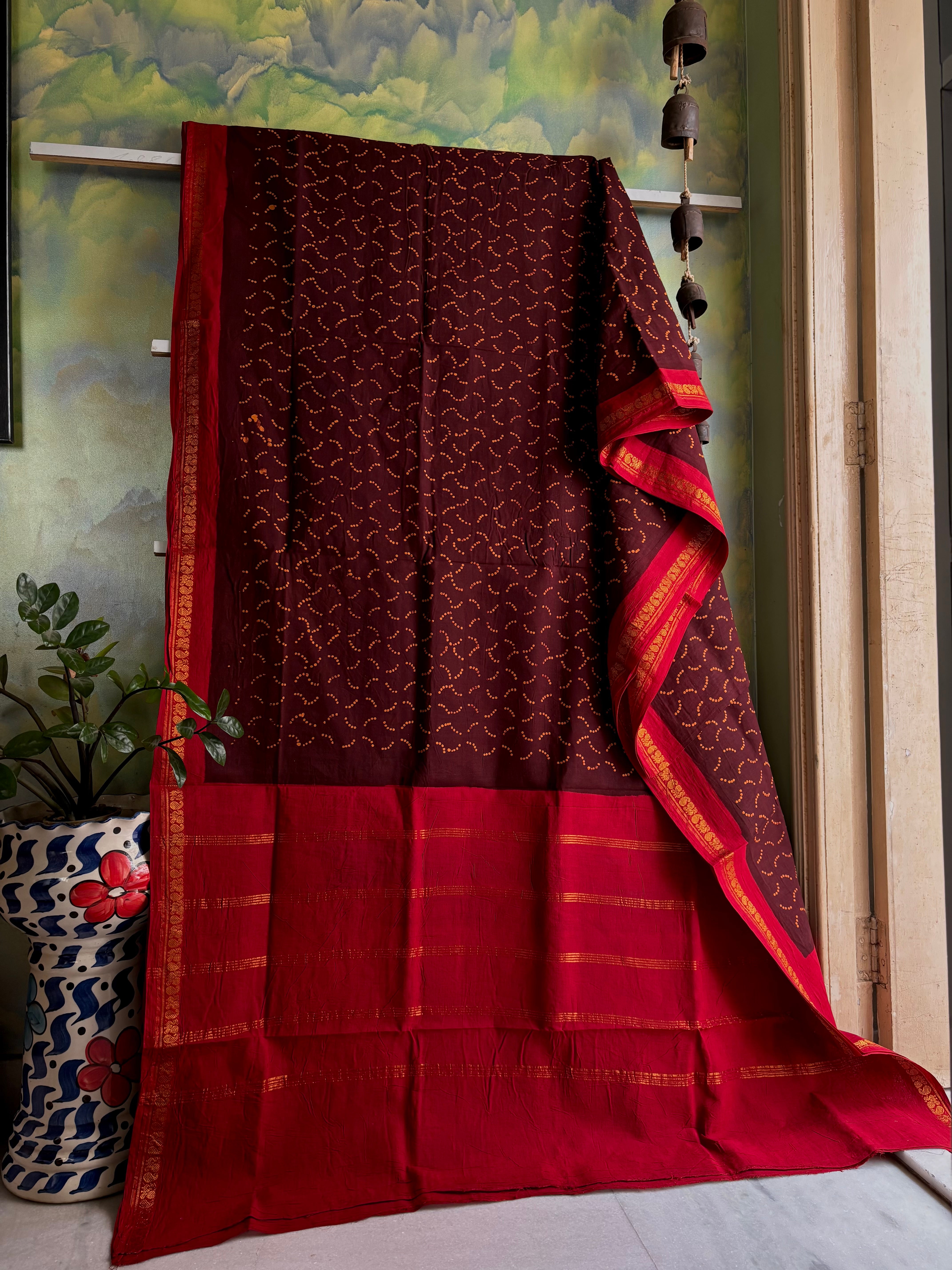 Dark Brown Cotton Sungudi Saree