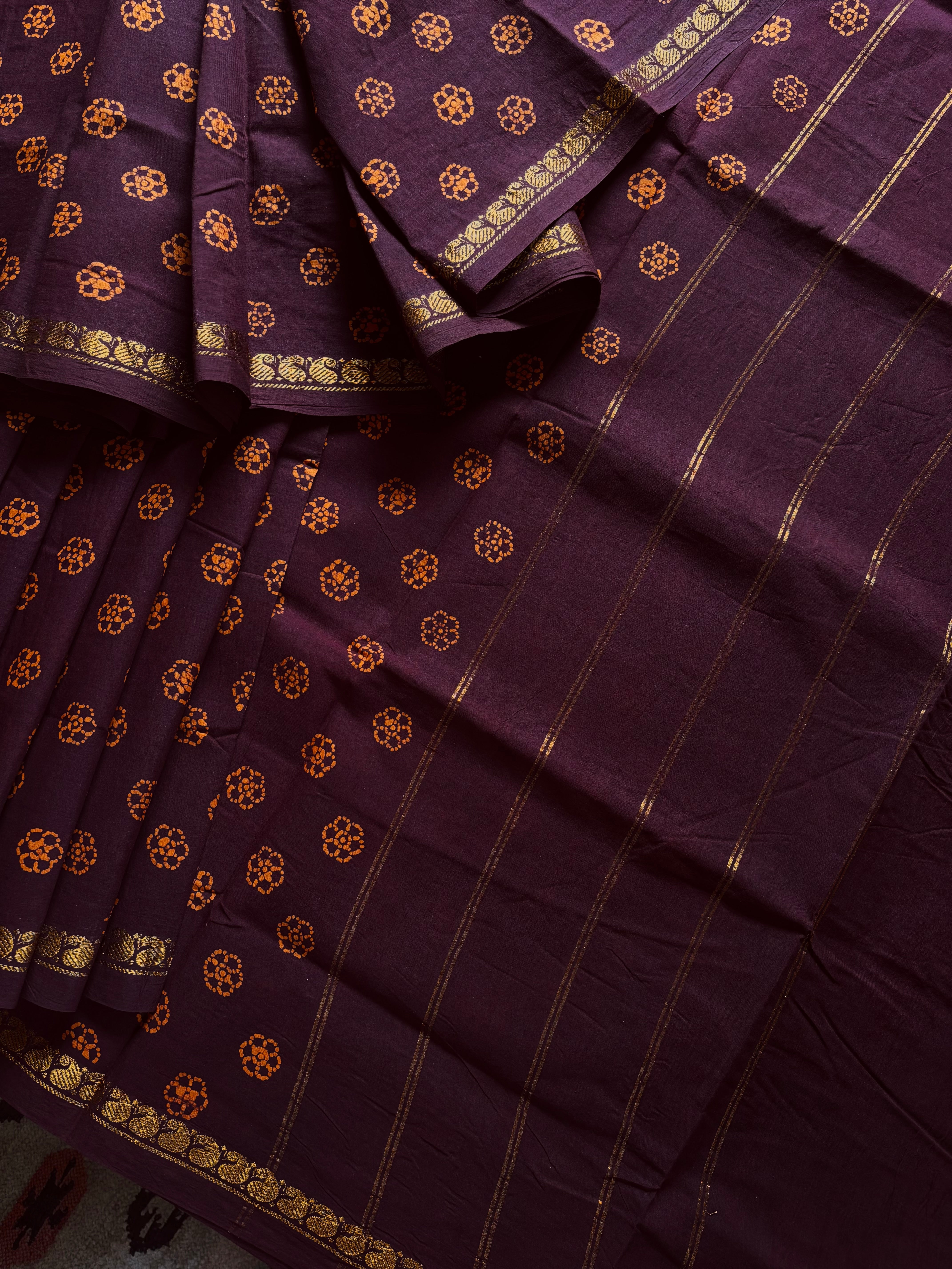 Dark Brown Cotton Sungudi Saree