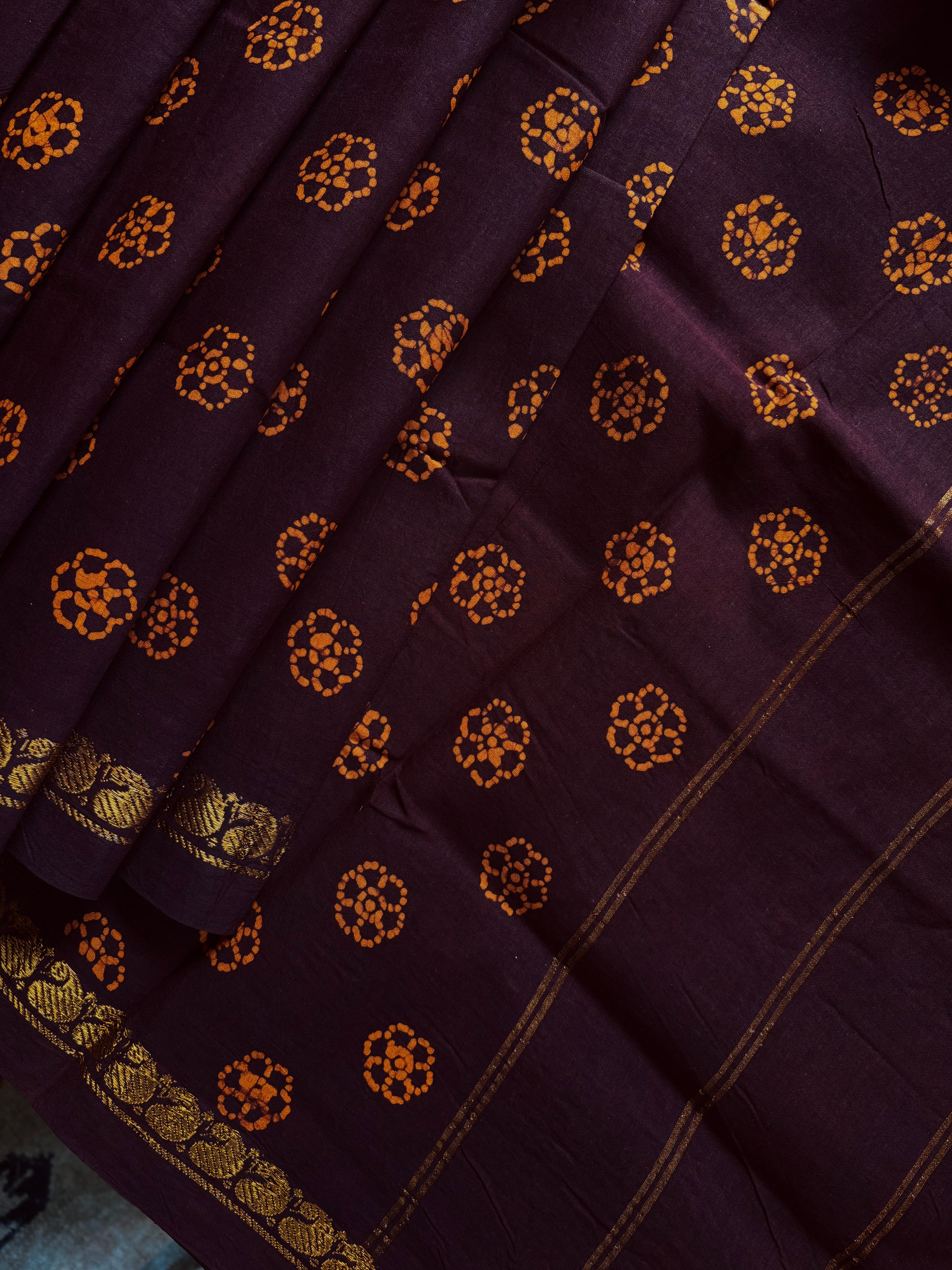 Dark Brown Cotton Sungudi Saree