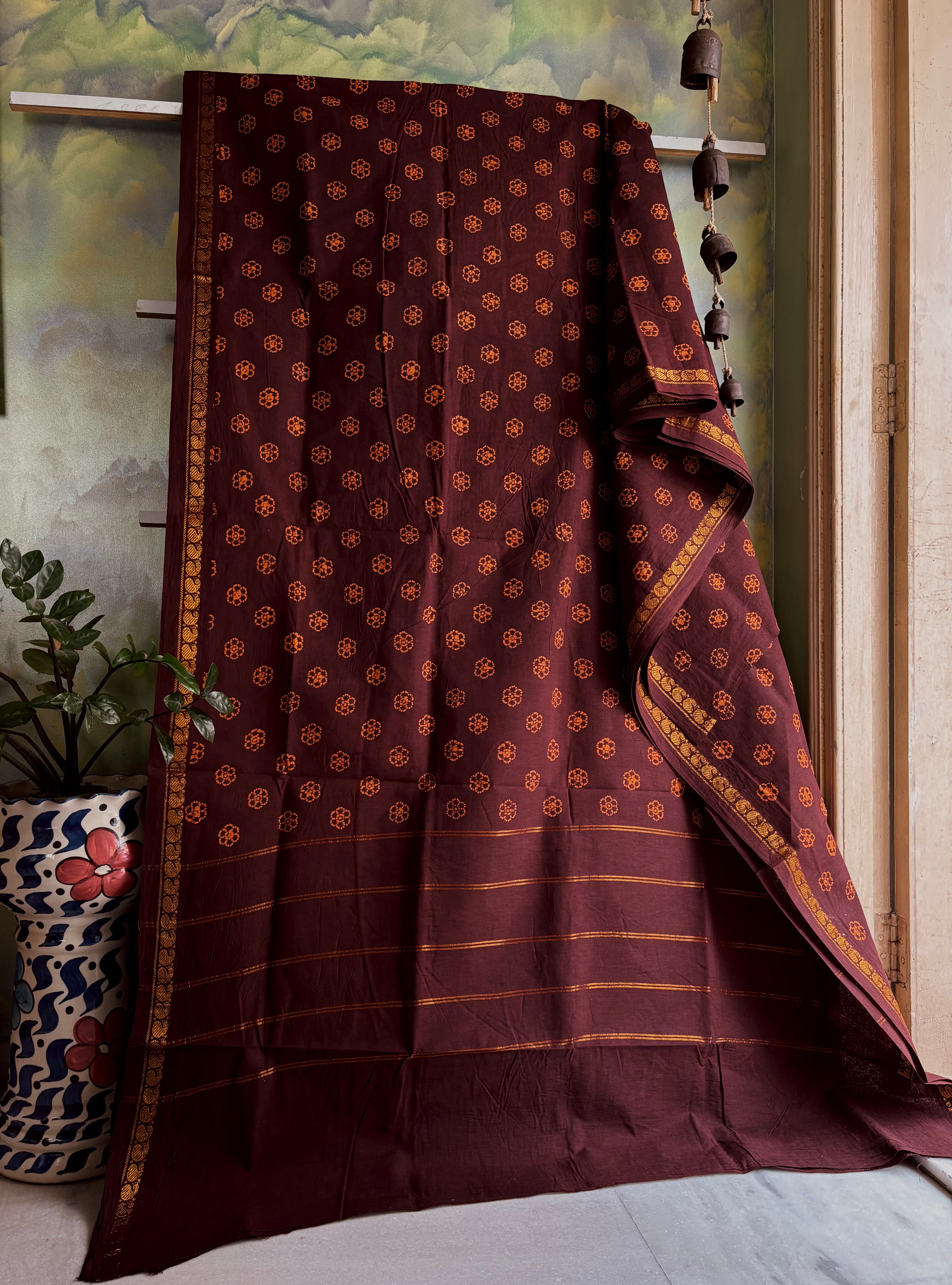 Dark Brown Cotton Sungudi Saree