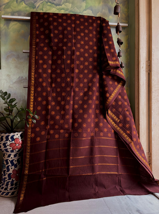 Dark Brown Cotton Sungudi Saree