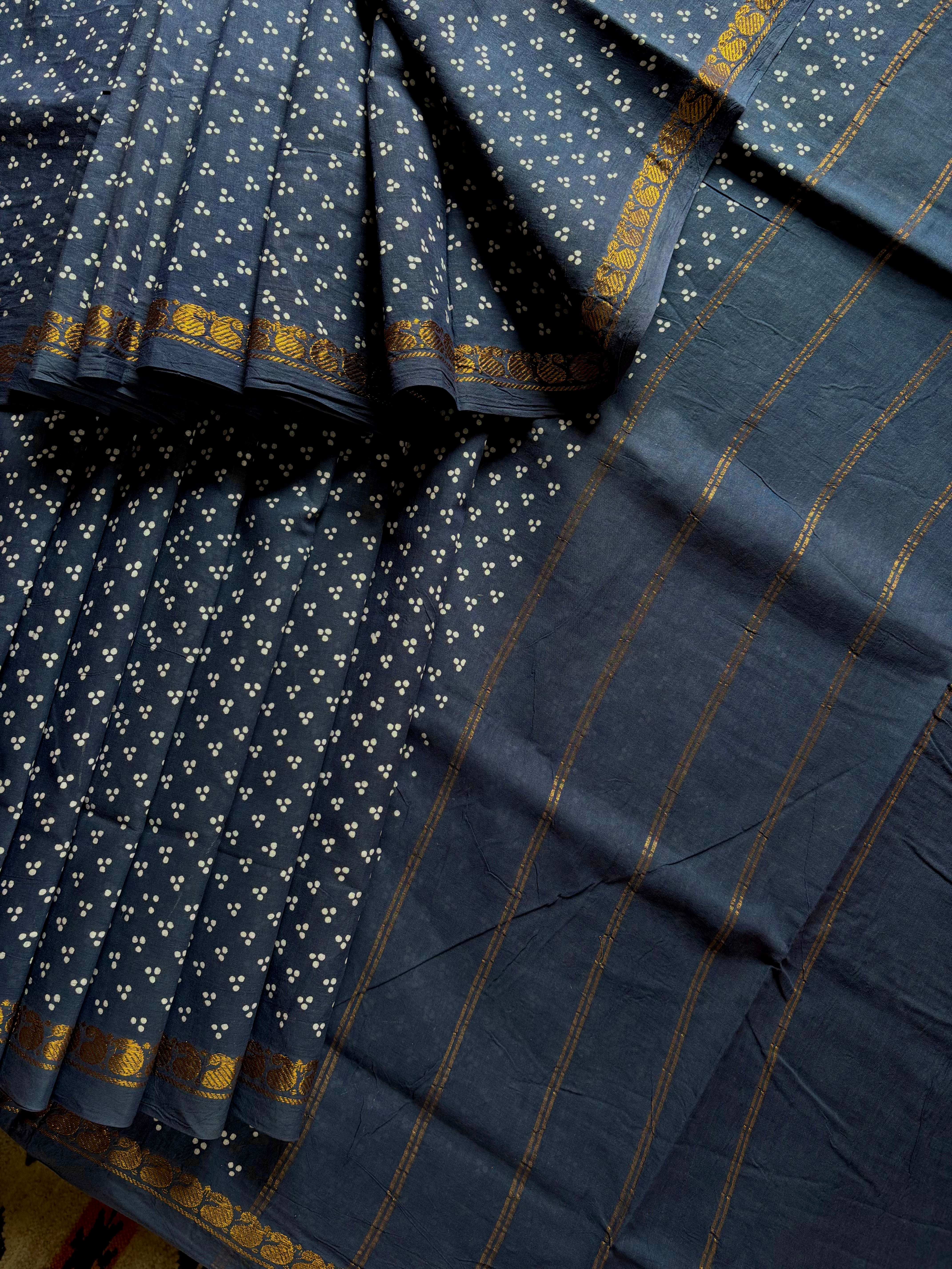 Bluish Grey Cotton Sungudi Saree