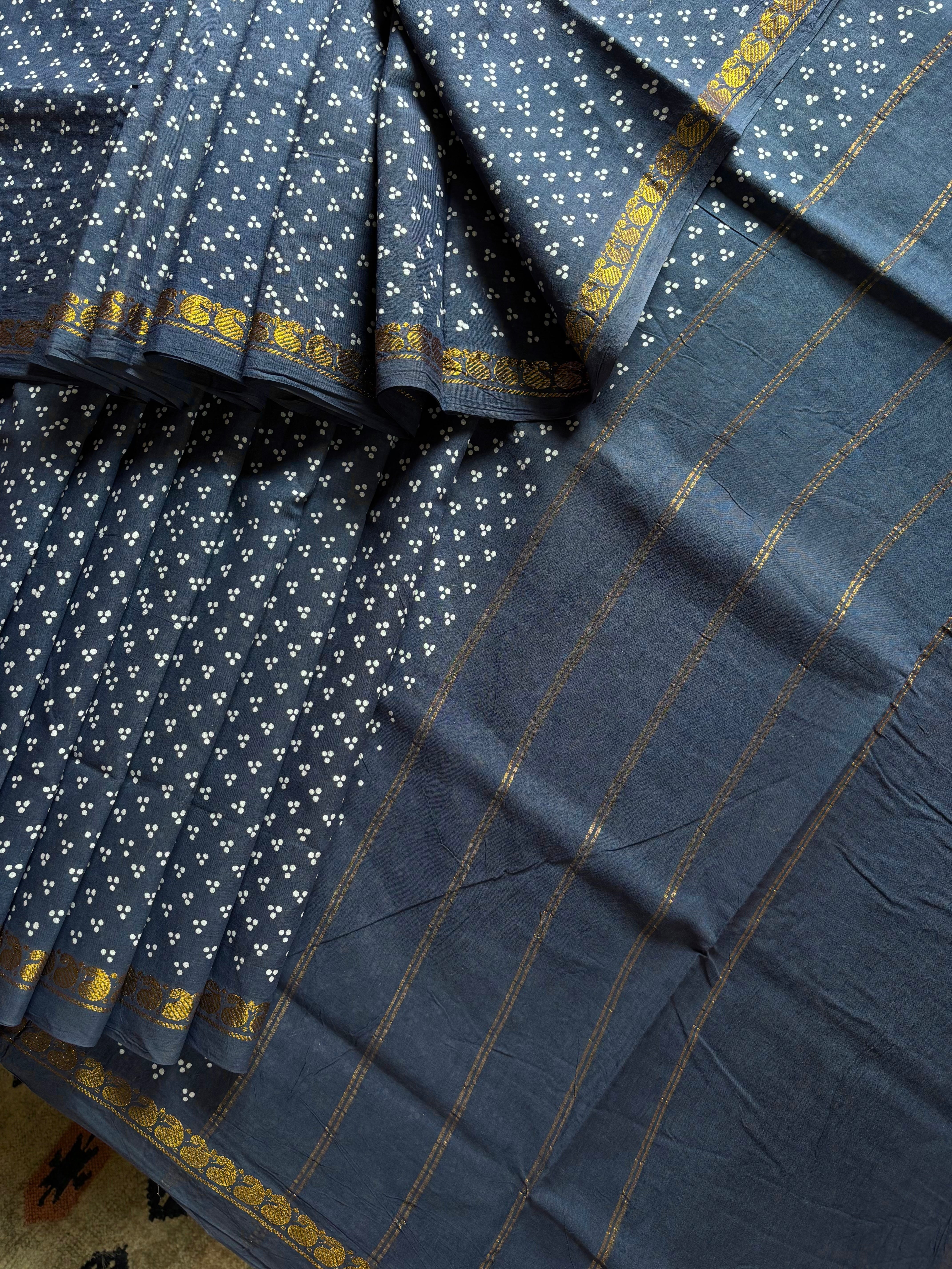 Bluish Grey Cotton Sungudi Saree