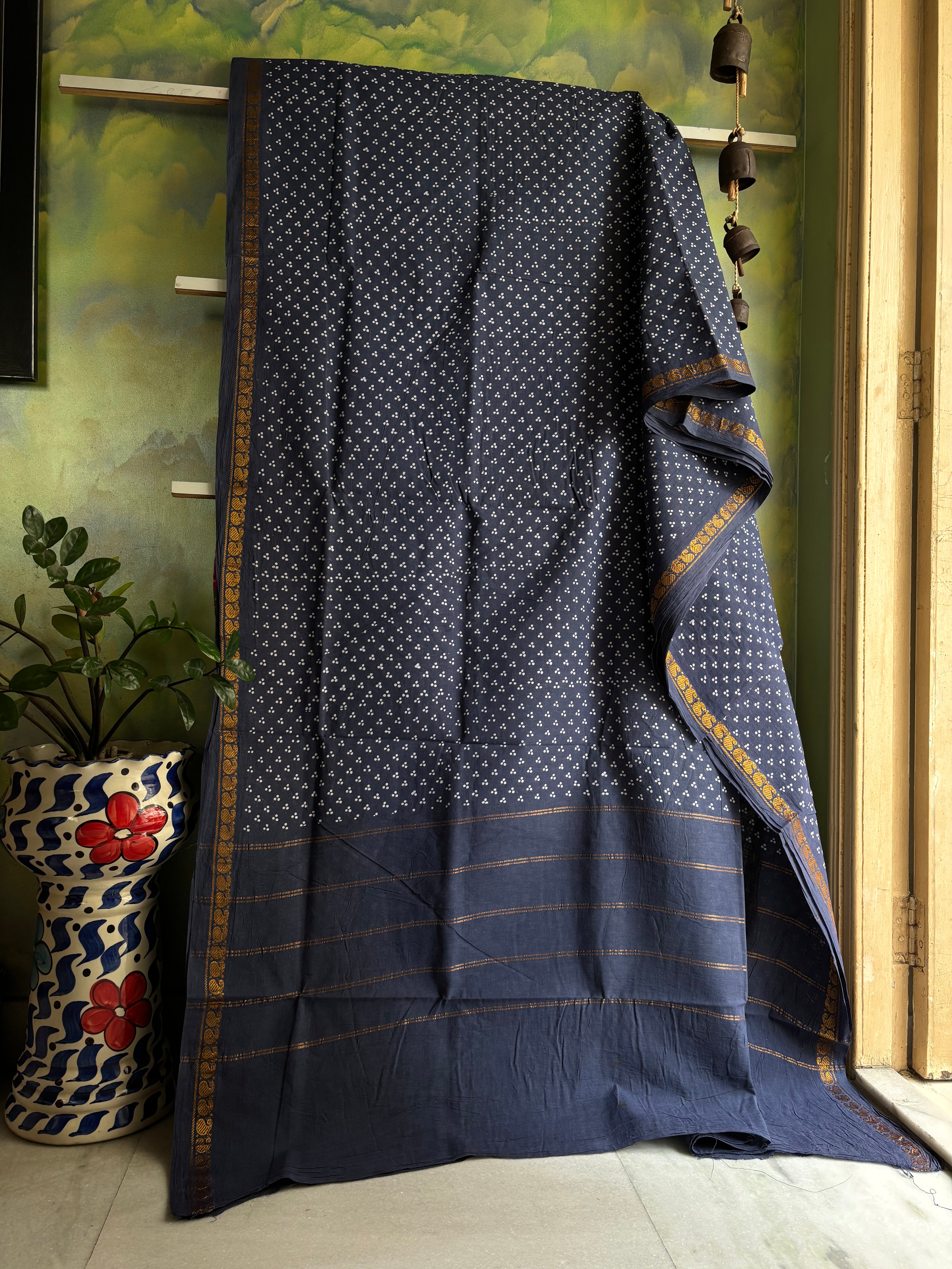 Bluish Grey Cotton Sungudi Saree