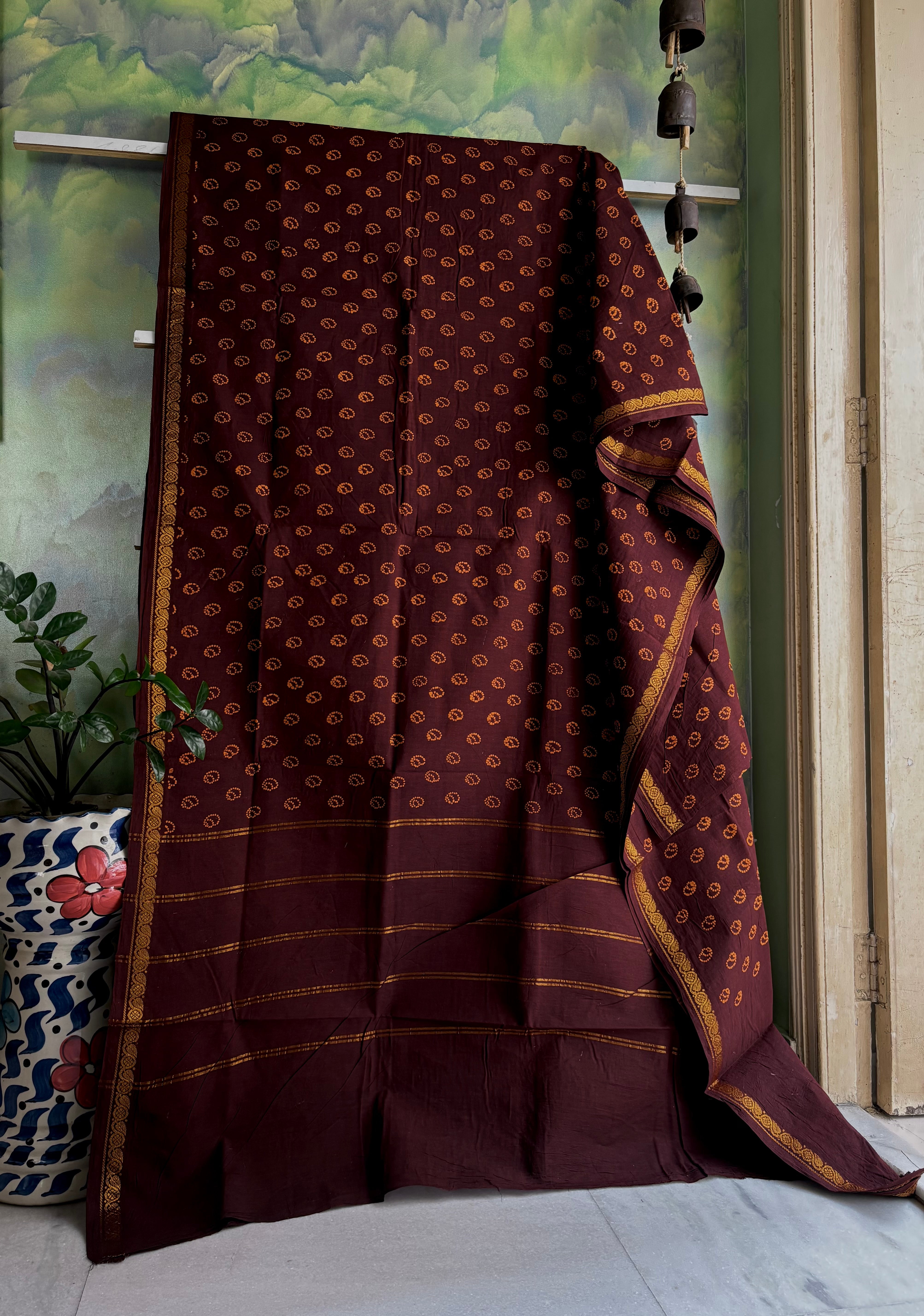 Dark Brown Cotton Sungudi Saree