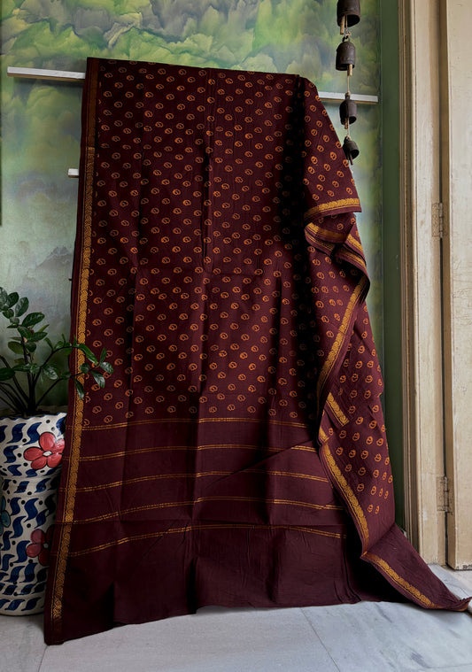 Dark Brown Cotton Sungudi Saree