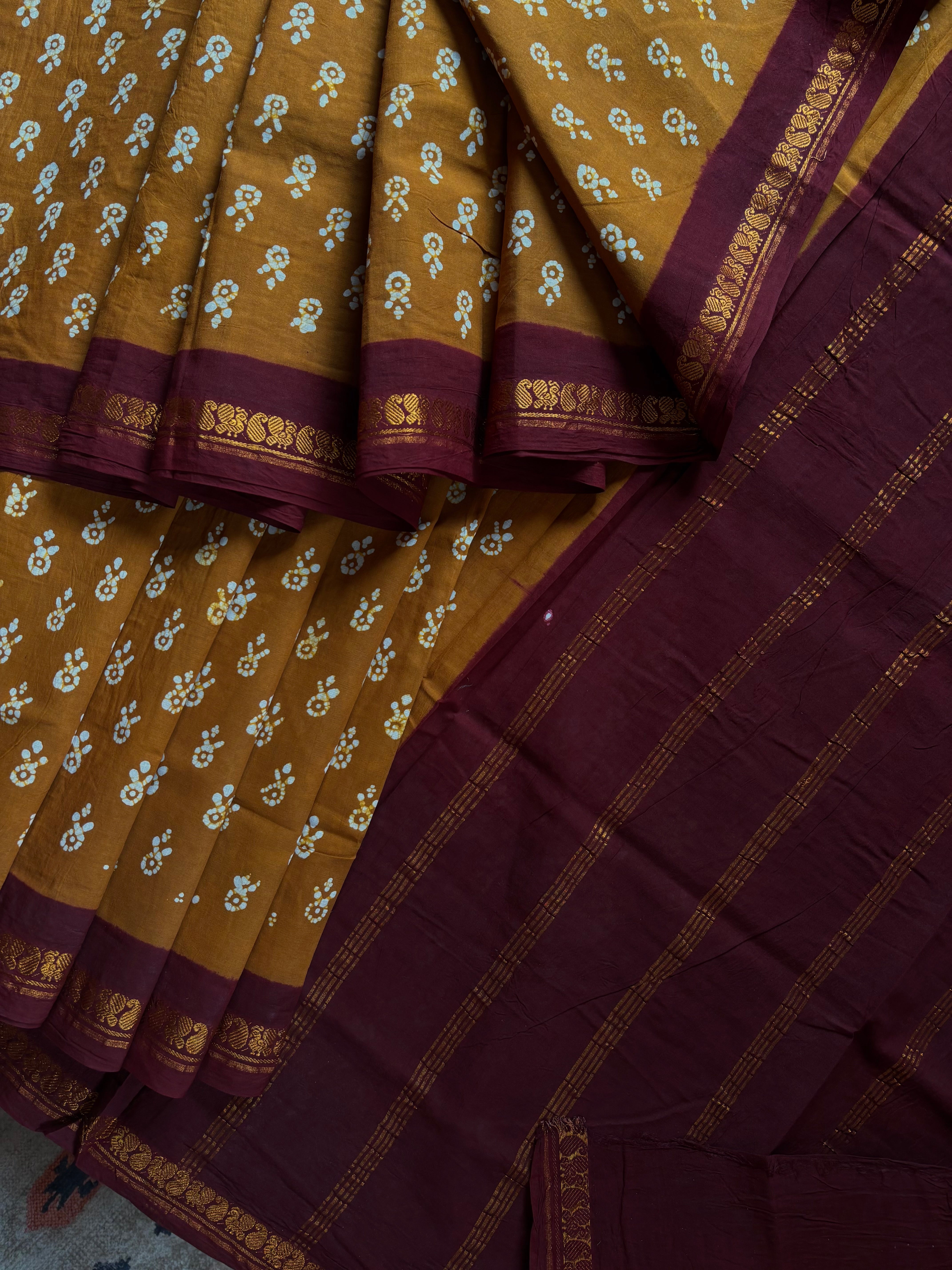 Mustard Colour Cotton Sungudi Saree