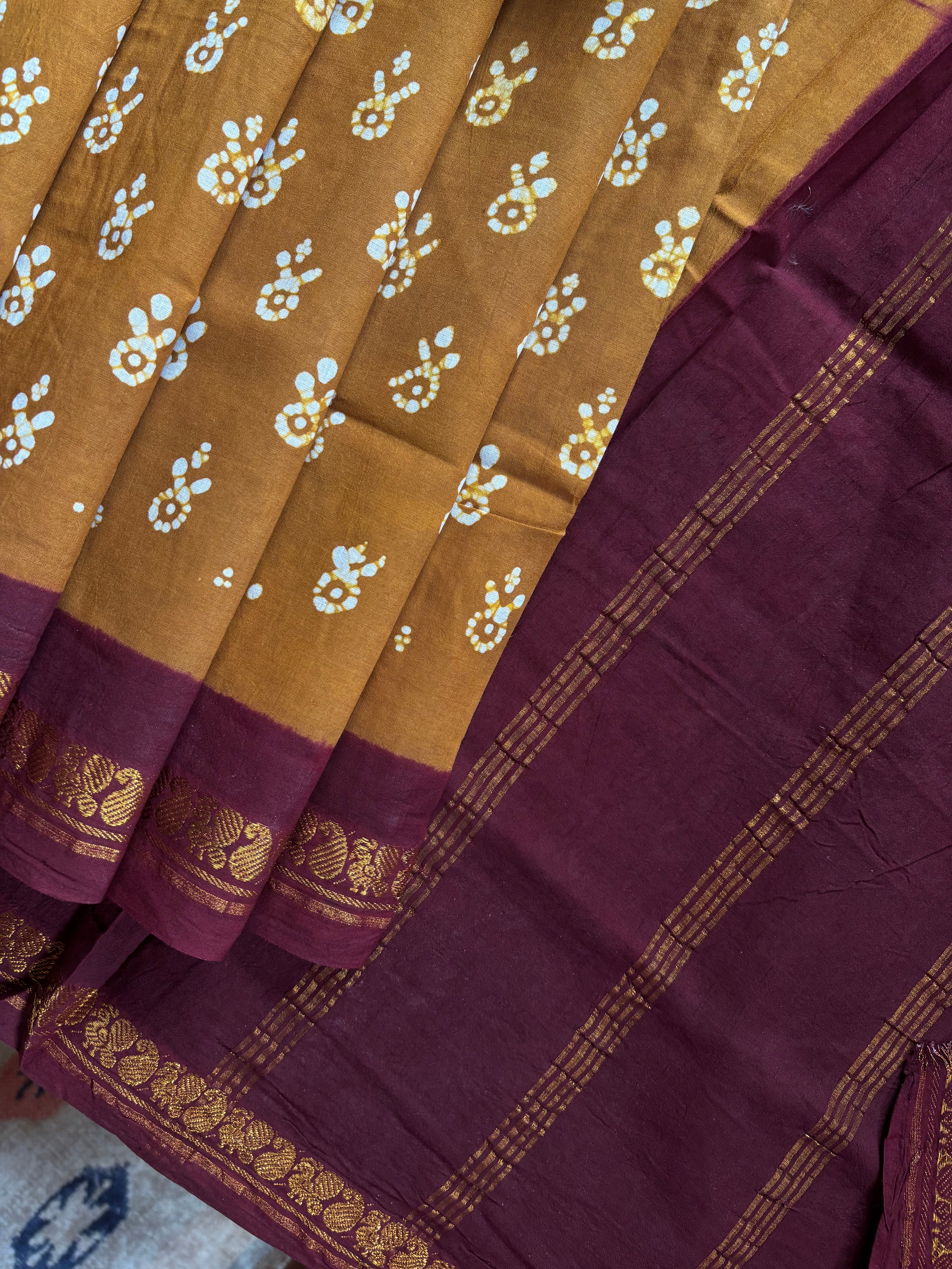Mustard Burgundy Cotton Sungudi Saree