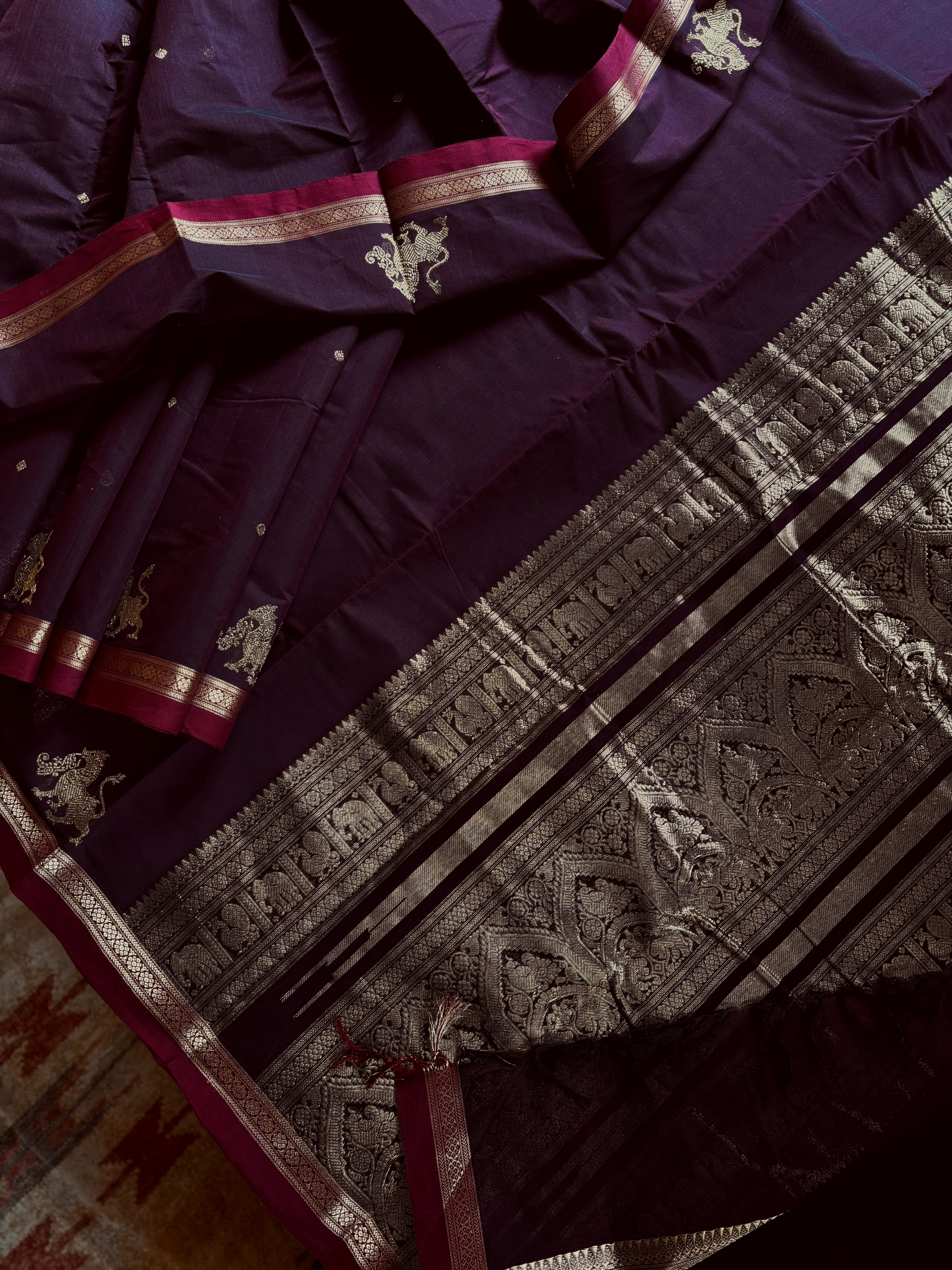 Handwoven Dark Garnet Colour Kanchipuram Cotton Saree