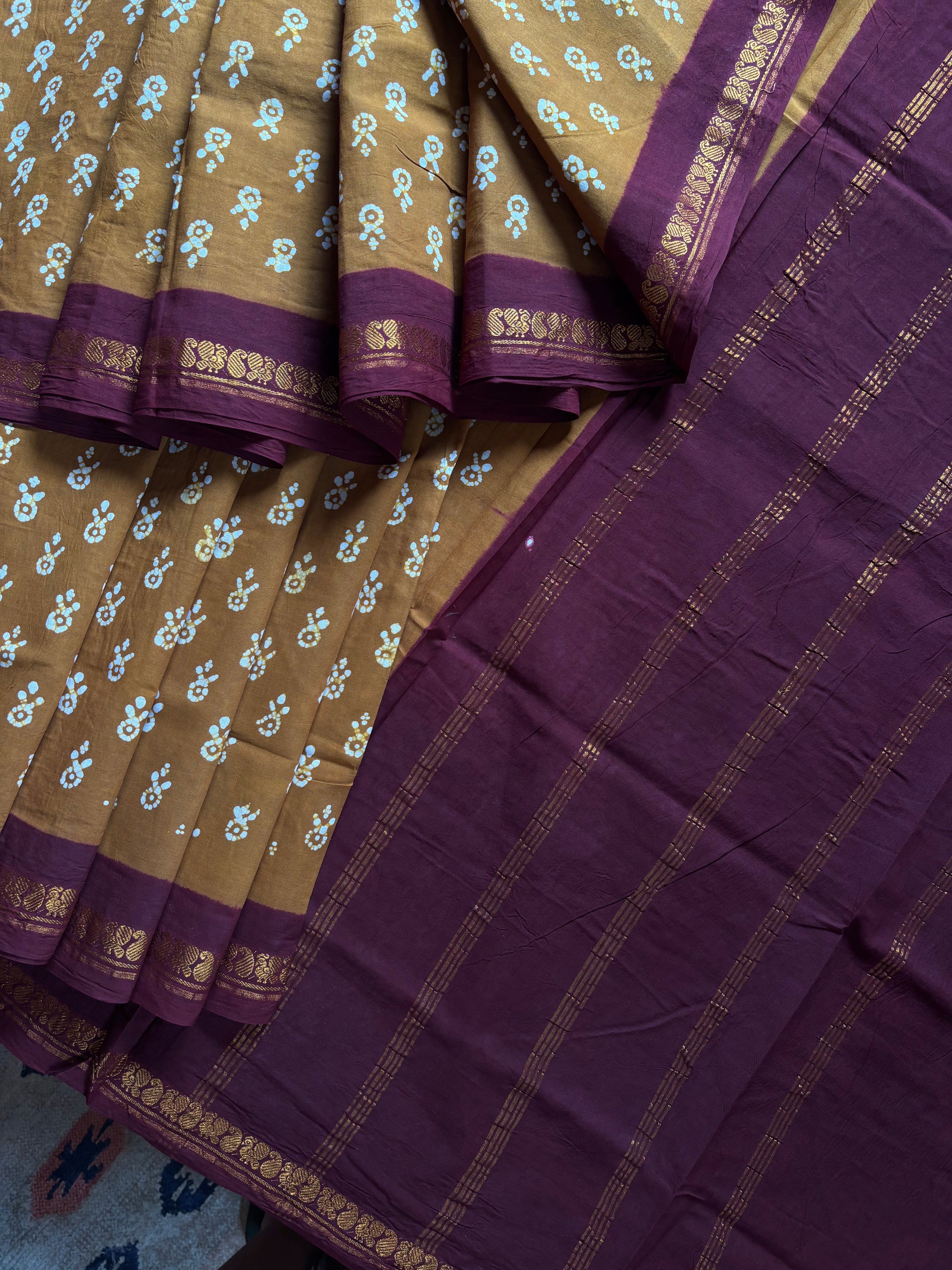 Mustard Burgundy Cotton Sungudi Saree
