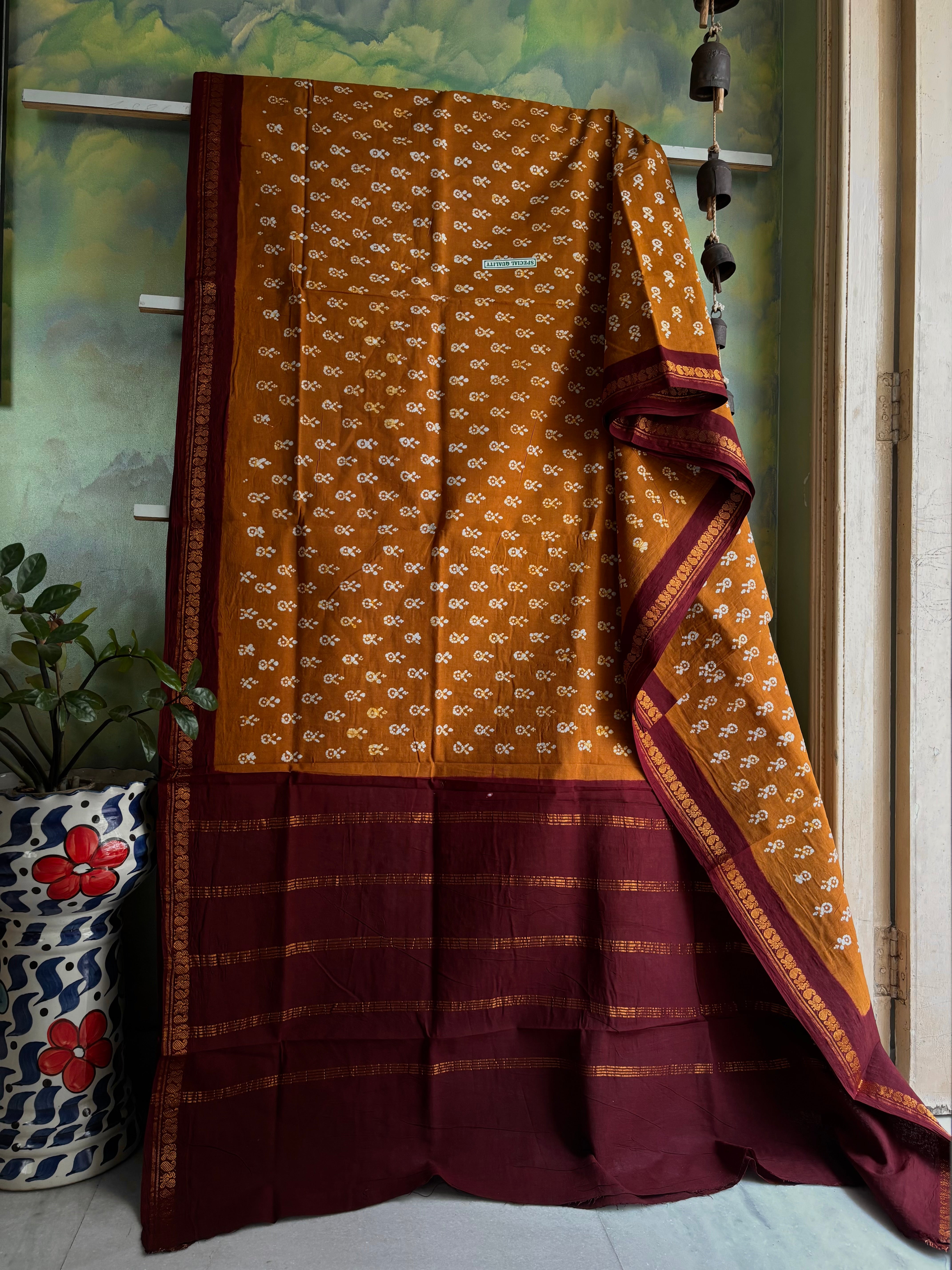 Mustard Colour Cotton Sungudi Saree